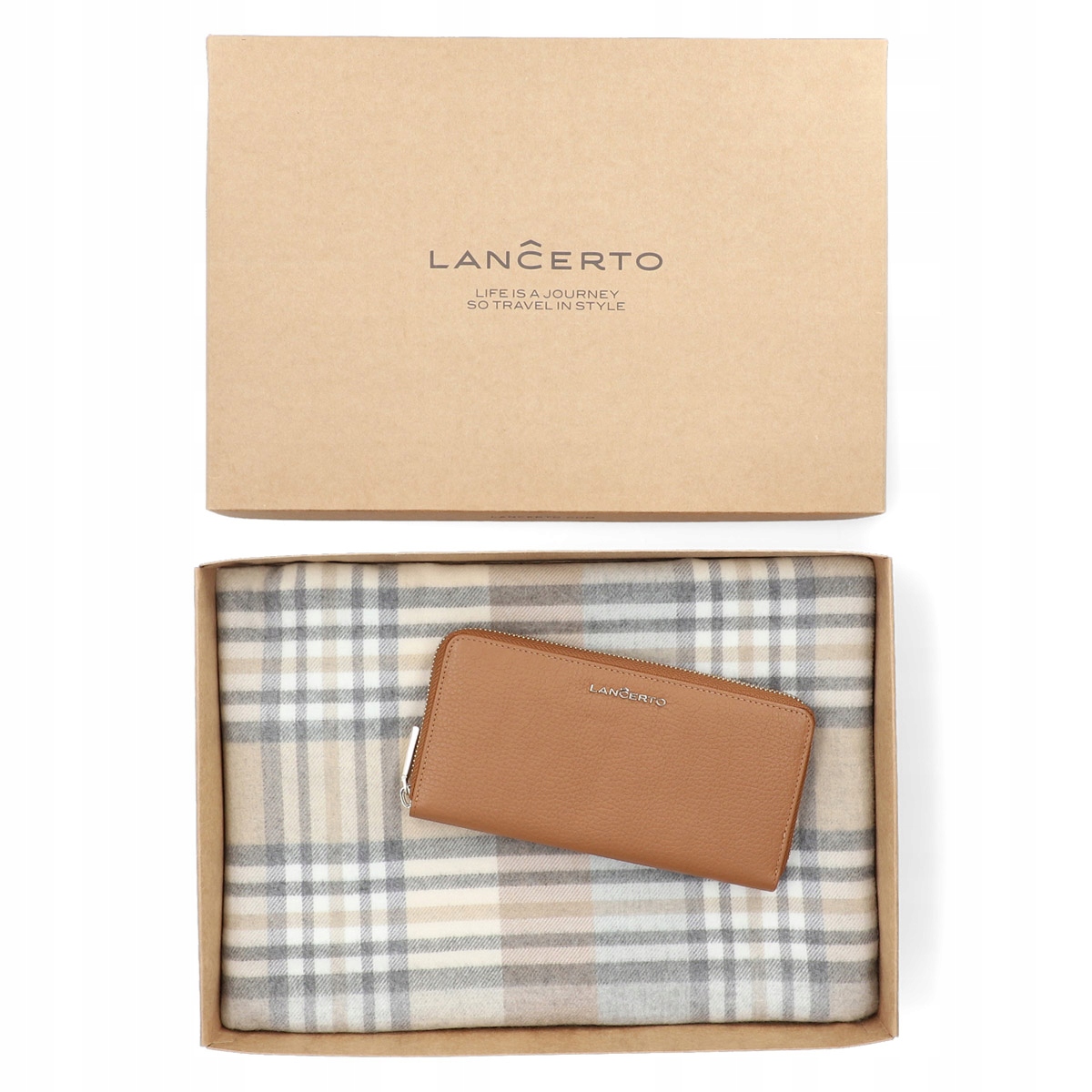 

Zestaw Portfel Damski Camel i Szal Szary w Kratę