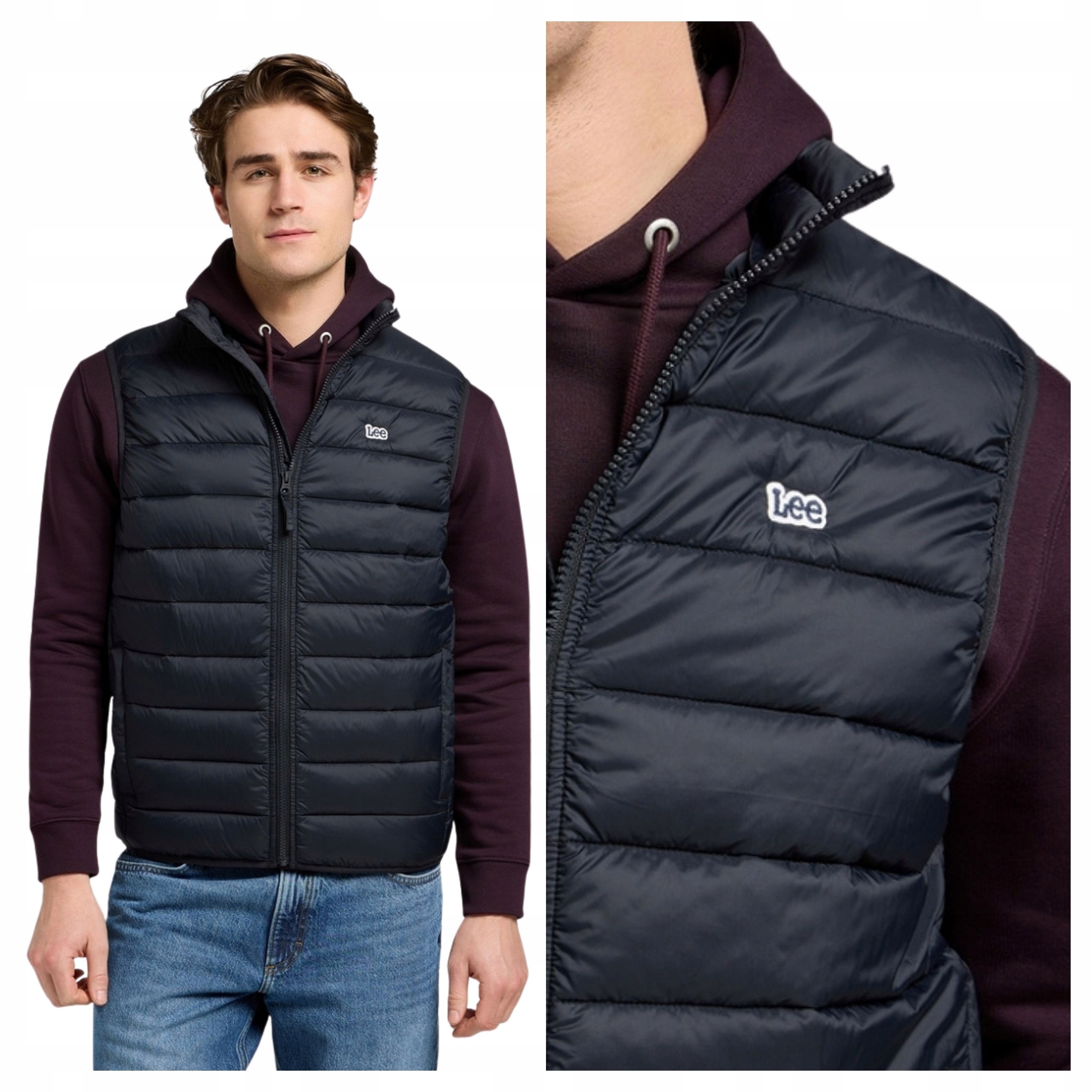 Pánská vesta Lee Stand Collar Puffer Černá Bunda Bez Rukávů Prošívaná L
