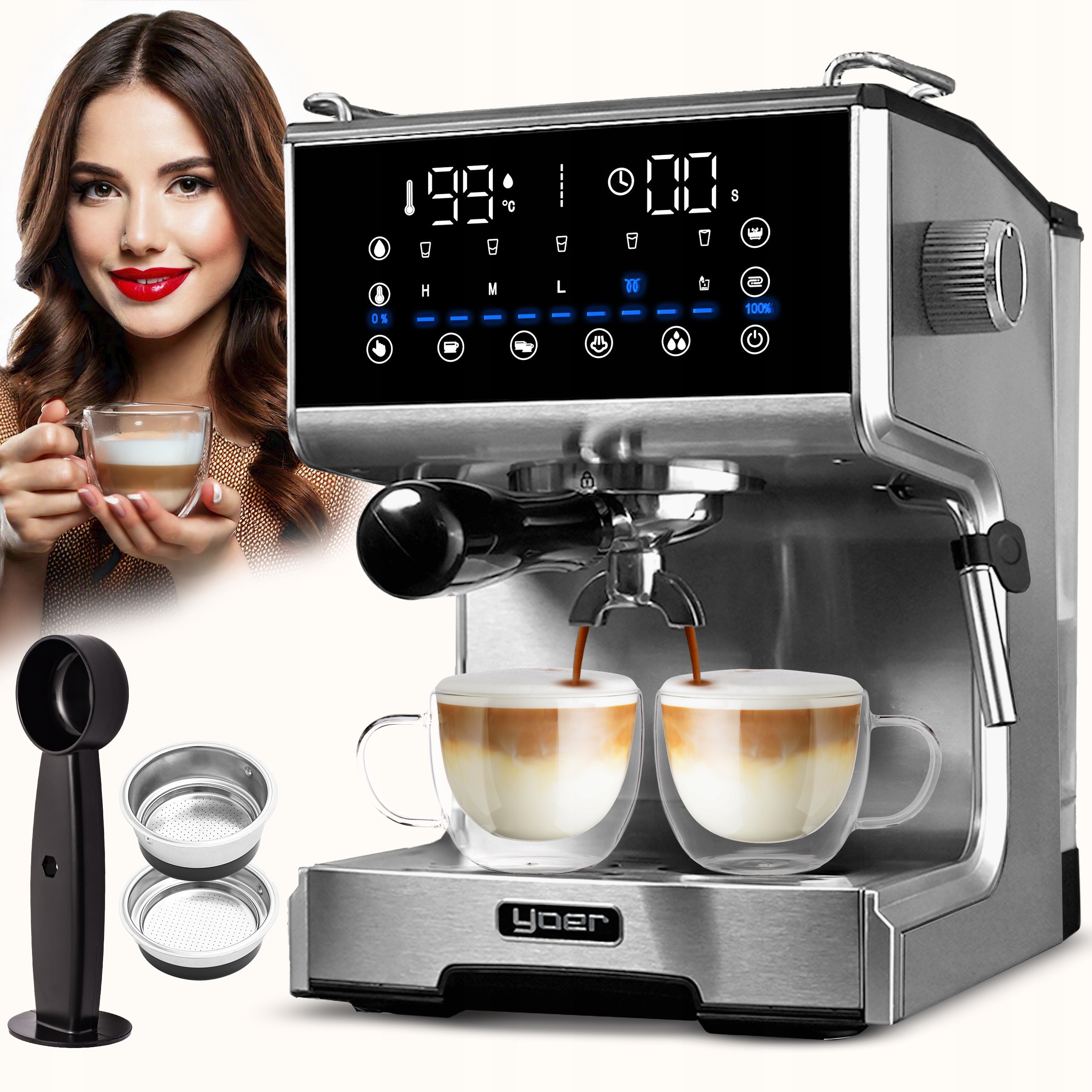 Ciśnieniowy ekspres kolbowy ze spieniaczem Yoer 1350 W 20 bar 15 kaw Inox