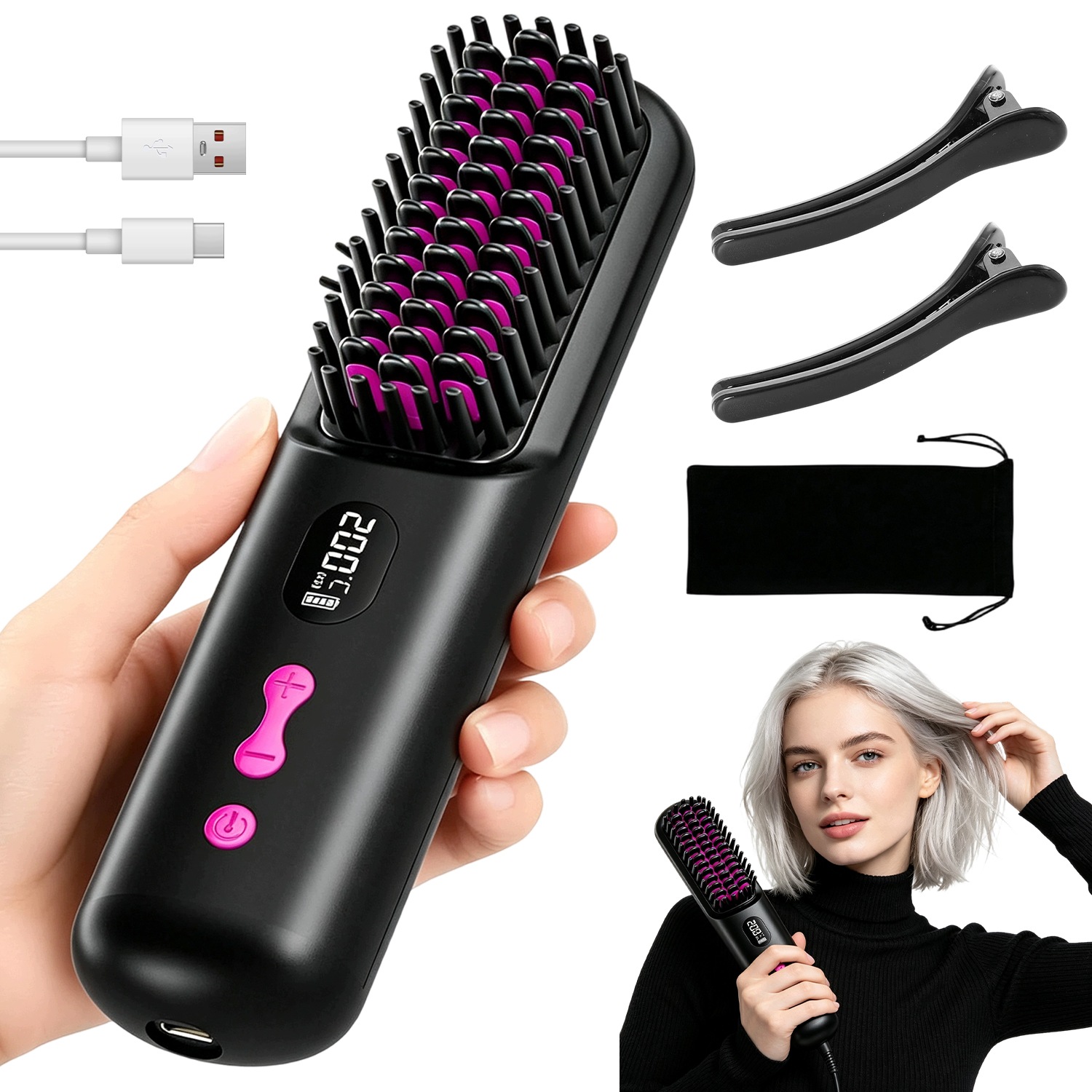 Bezdrátový narovnávací kartáč Bedee 9600 mAh 4 režimy 90 minut pro cestování