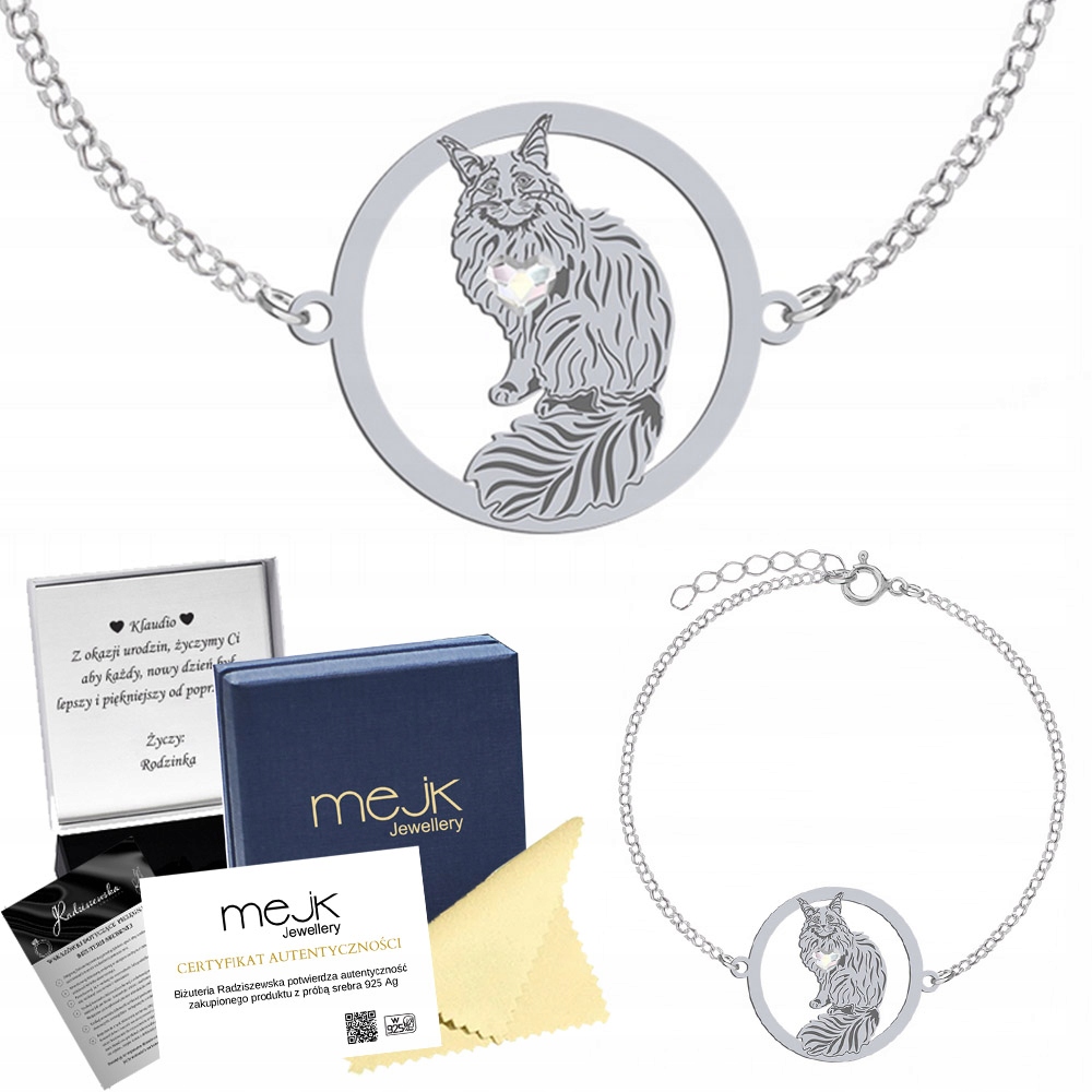 Stříbrný náramek s kočkou Maine Coon 925 Šperky Dárek Žena Gravírování