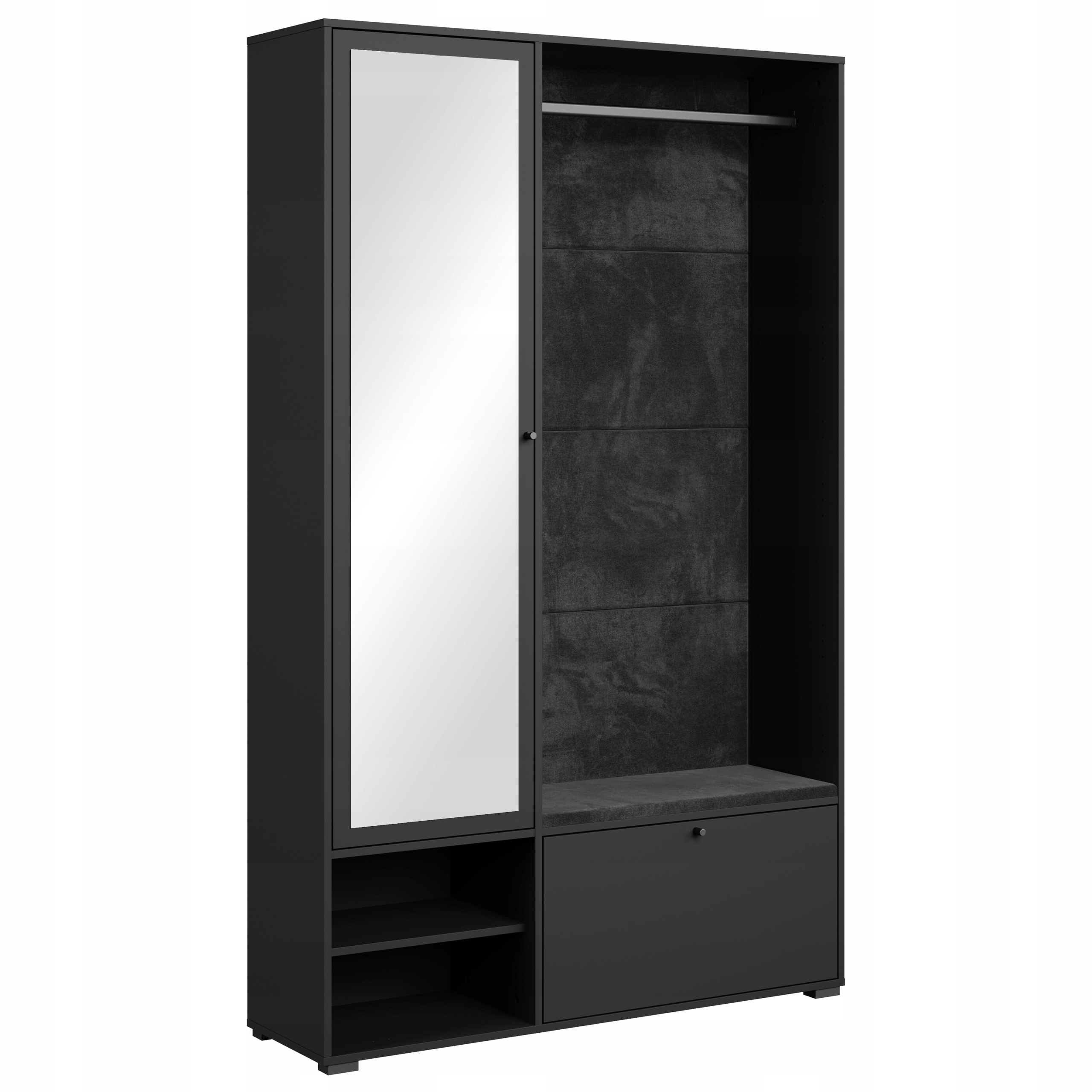 Moderní šatní skříň do předsíně se zrcadlem a čalouněným panelem