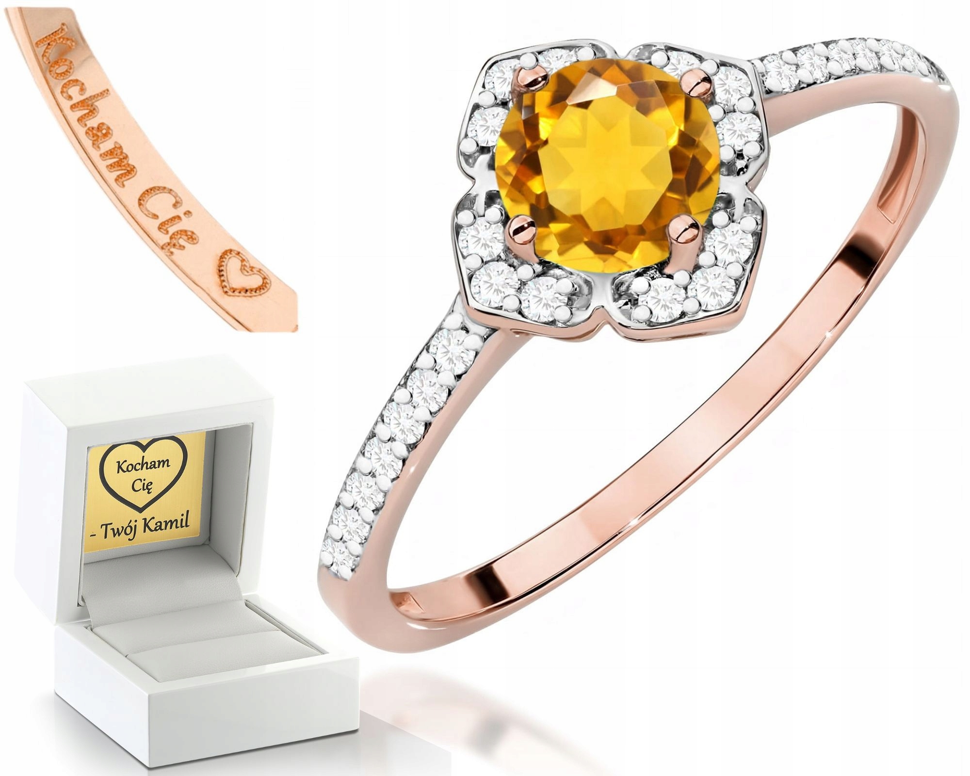 Růžový Zlatý Prstýnek S Citrínem A Diamanty, Zlato 585, Dárek Gravírování