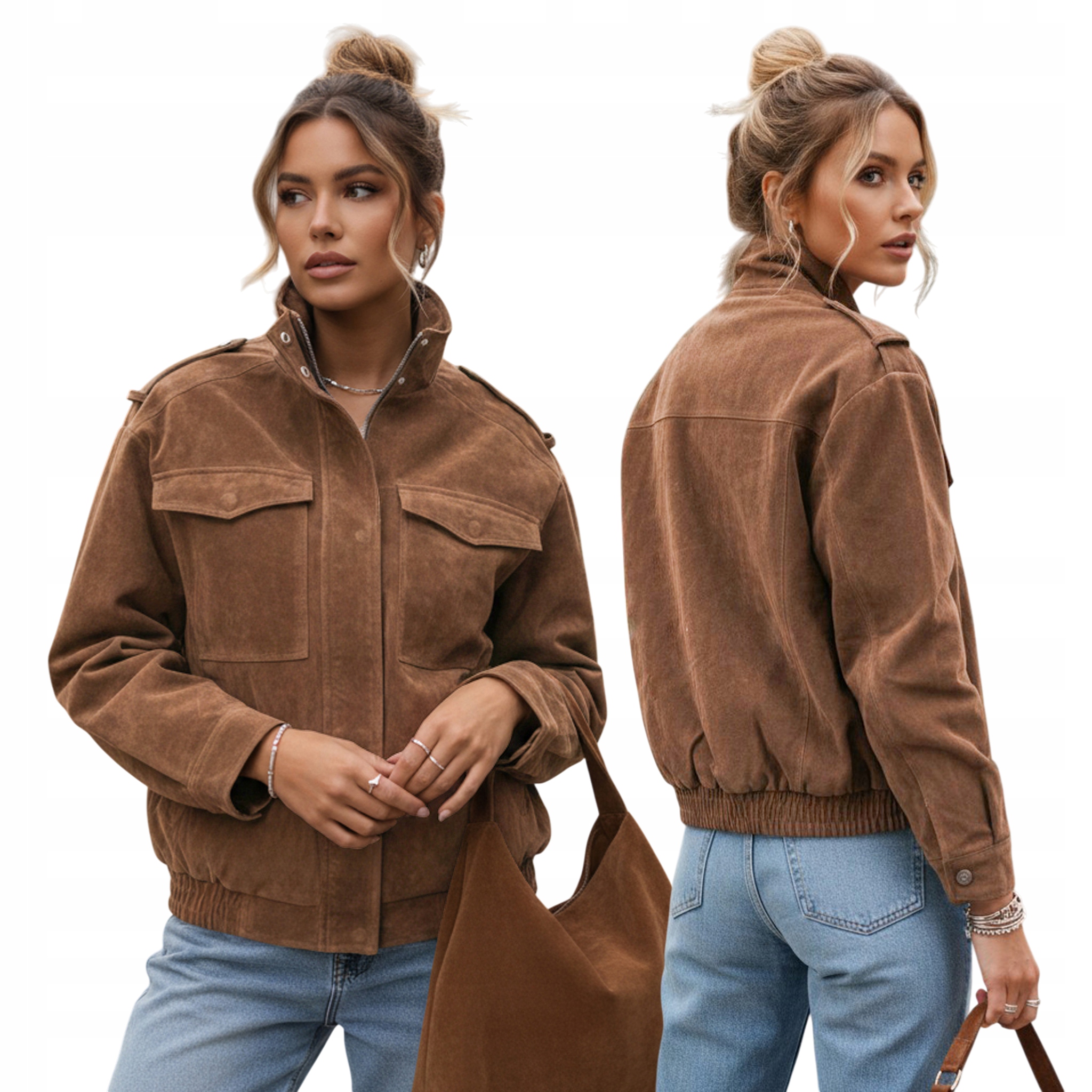 Kurtka damska zamszowa bomberka z wysoką stójką jasnobrązowa TY5644 XL