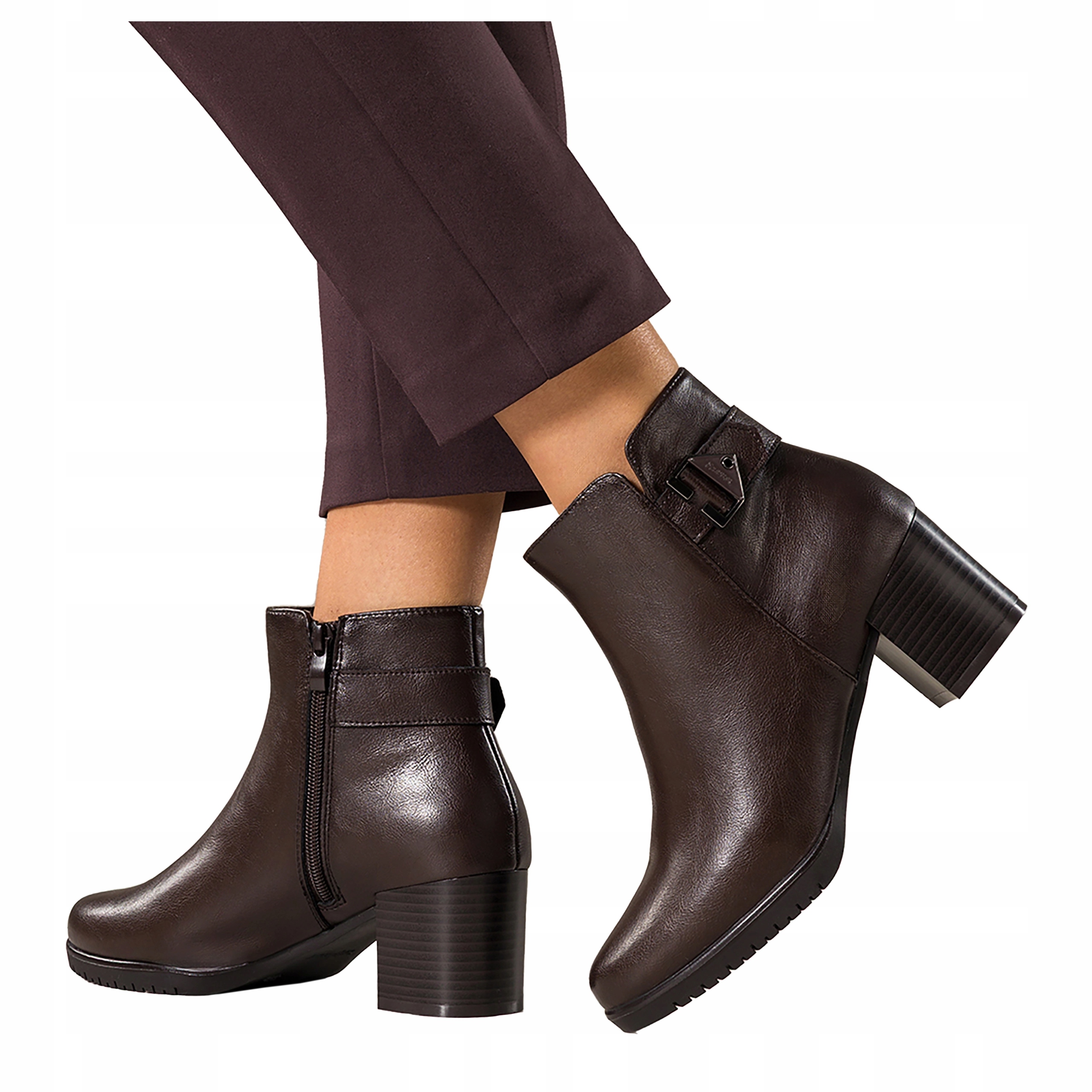 Kotníkové Boty Čokoládové Kožené Dámské Podpatky Sloupek Pásek S Ozdobou Pohodlné vel 39