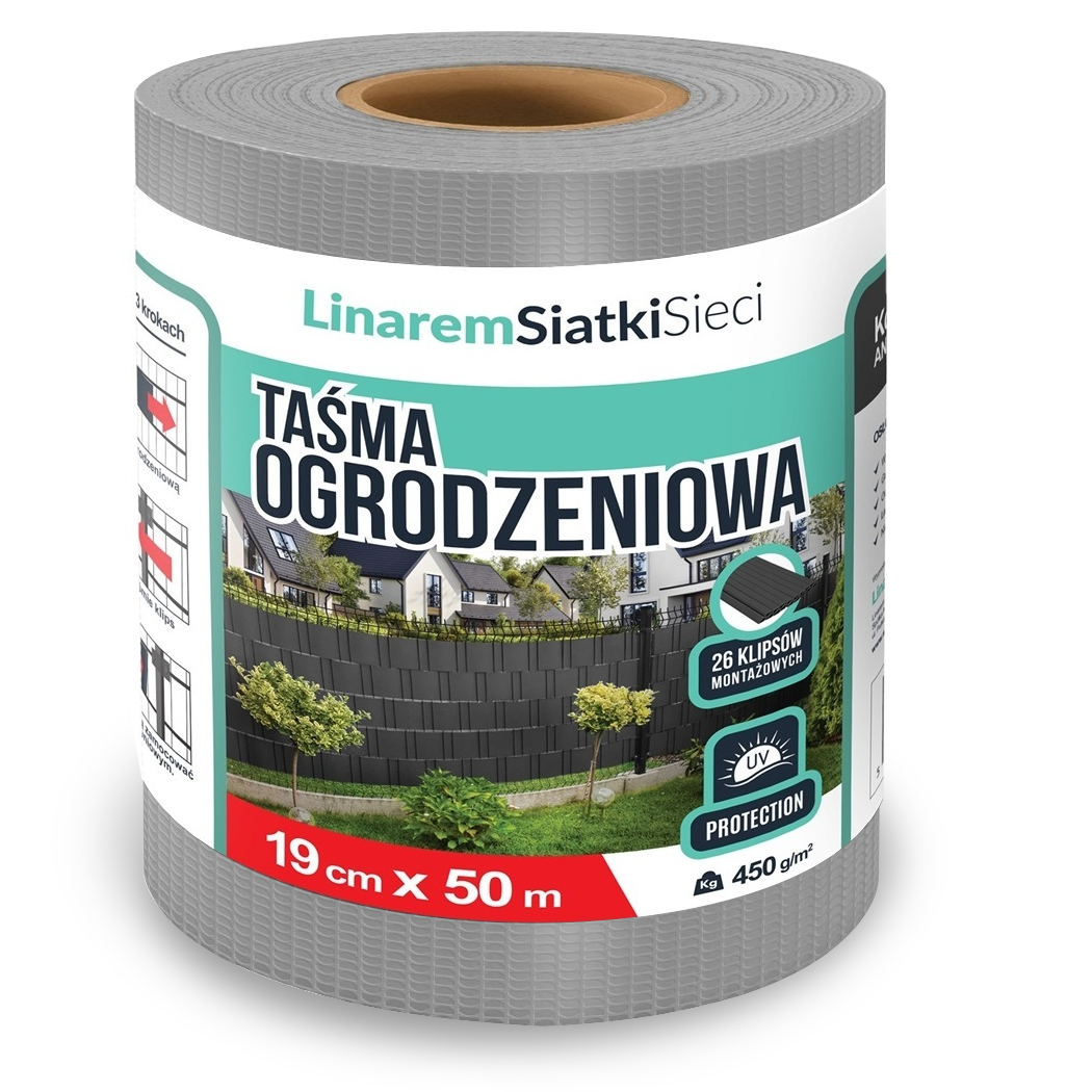 Taśma Ogrodzeniowa 19cm x 50m Osłona Mata Na Ogrodzenia Płot Szara +klipsy