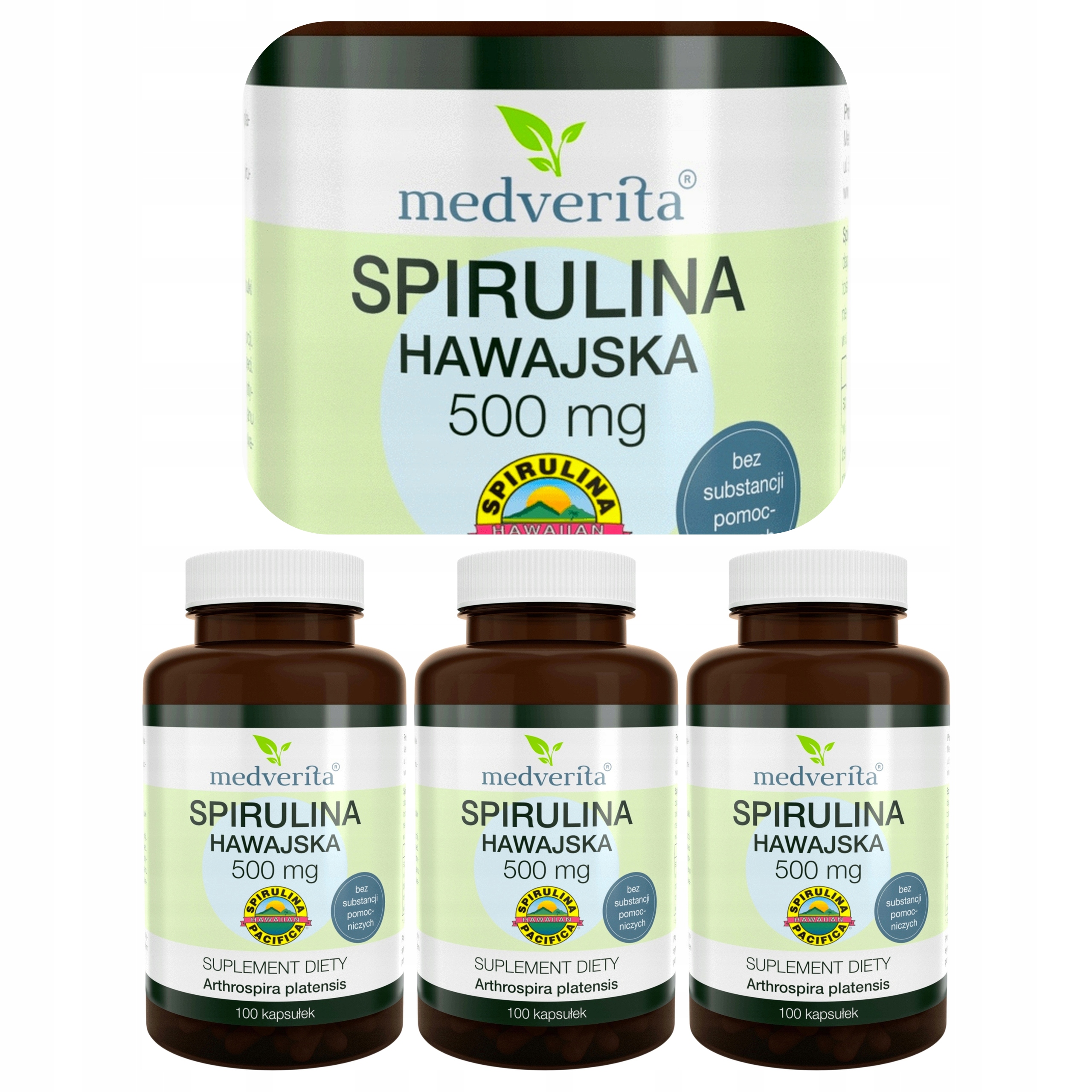 3x Medverita Spirulina Hawajska Pacifica 500 mg Arthrospira Alga 100 kaps.