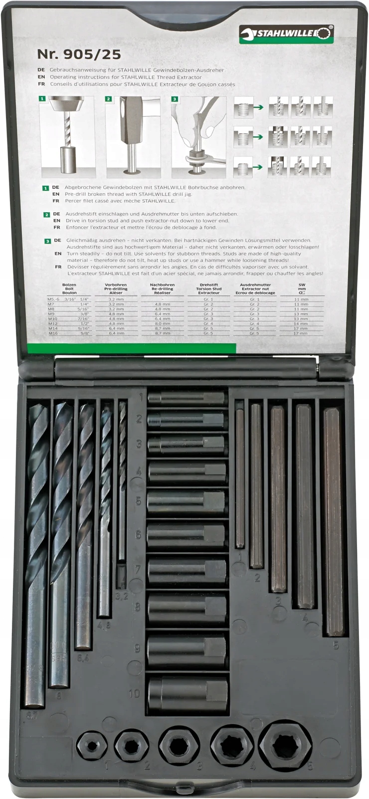 Sada na vyťahovanie odtrhnutých skrutiek; 25-dielna v plastovom boxe Stah