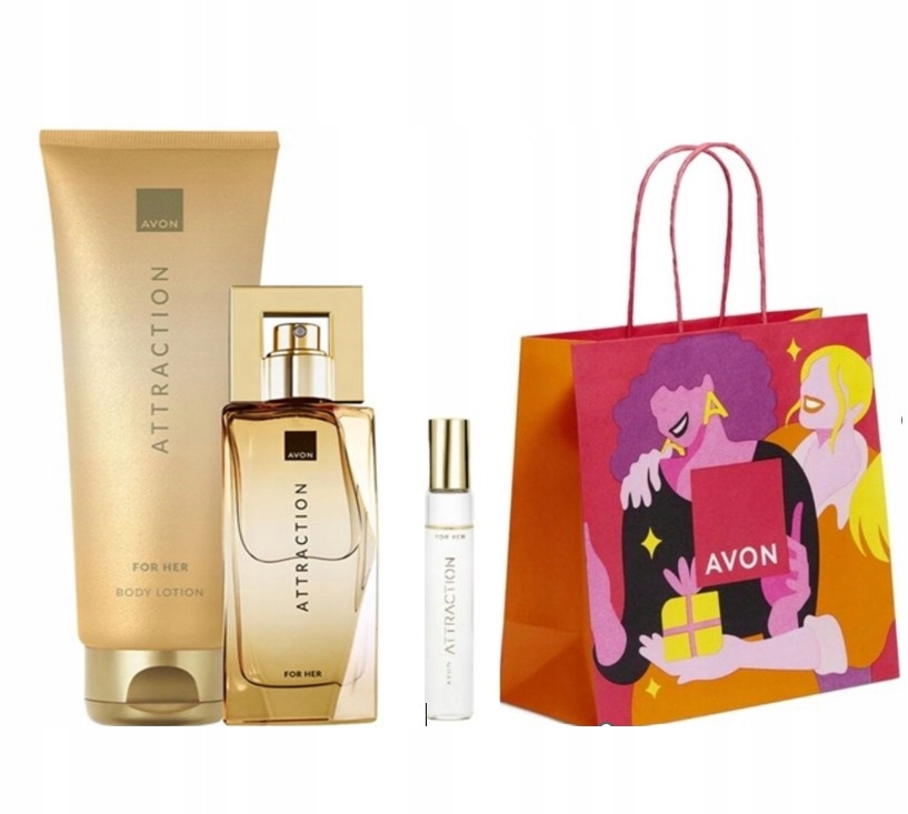 Avon Zestaw Attraction dla niej perfumy +perfumetka balsam+Torebka