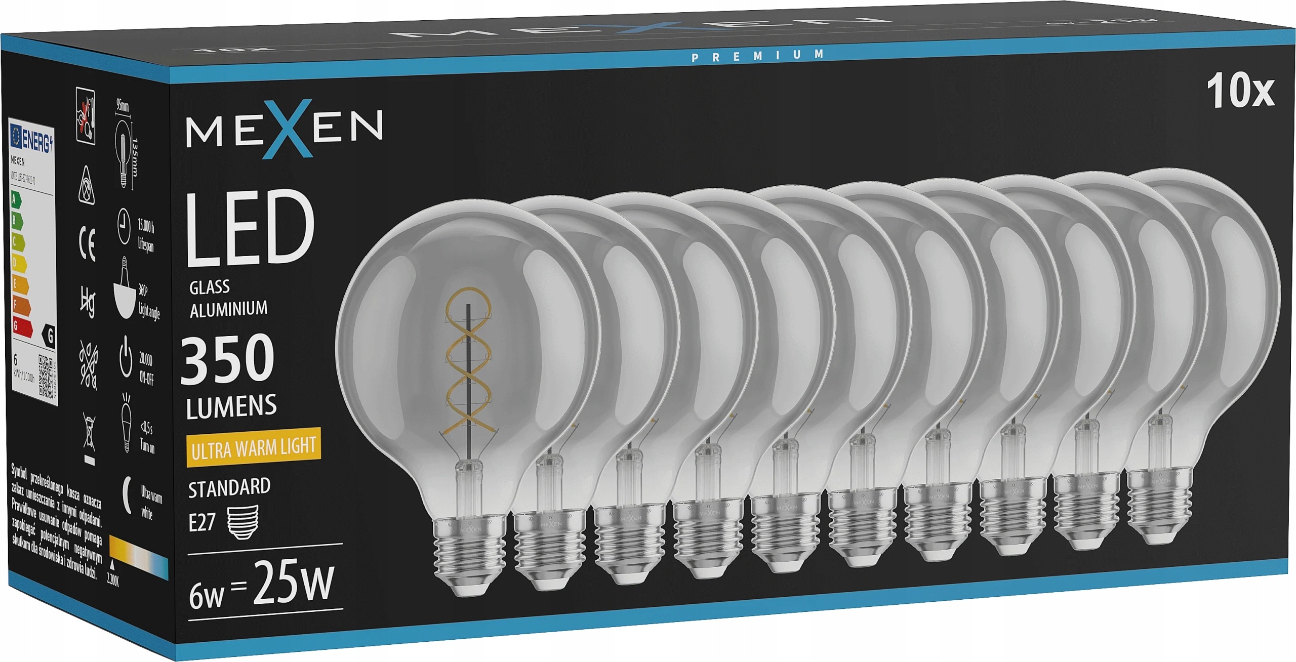 Mexen Vintis 10X Žárovka Filament Spirála Led E27 G95 6W 2200K 350 LM Smoke