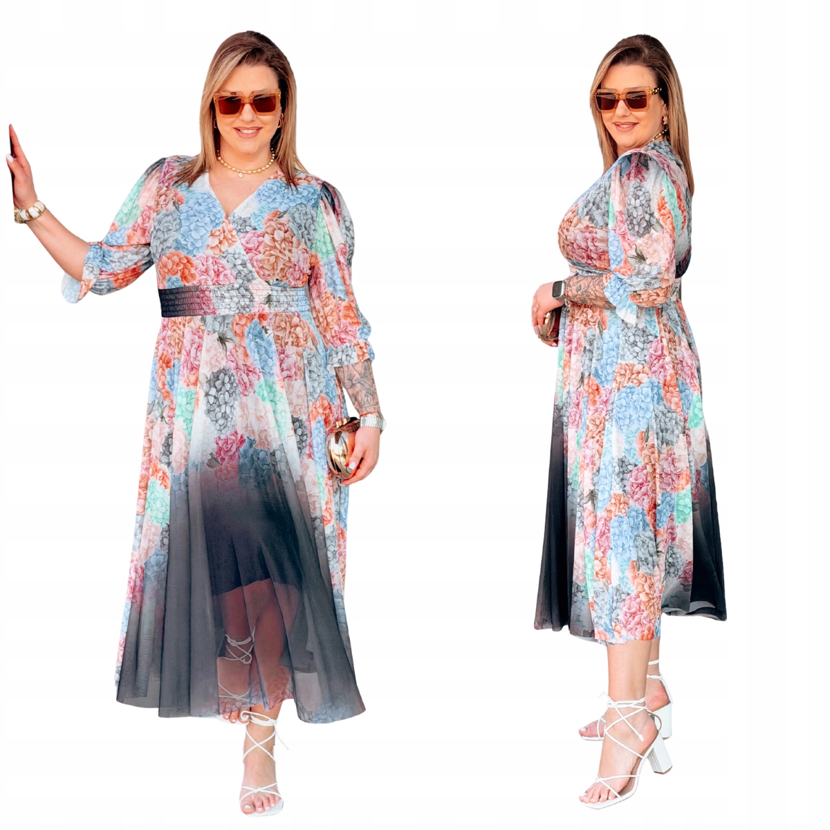 Šaty Maxi Květy Velké Velikosti Midi Plus Size Dámská Cavaricci Černá