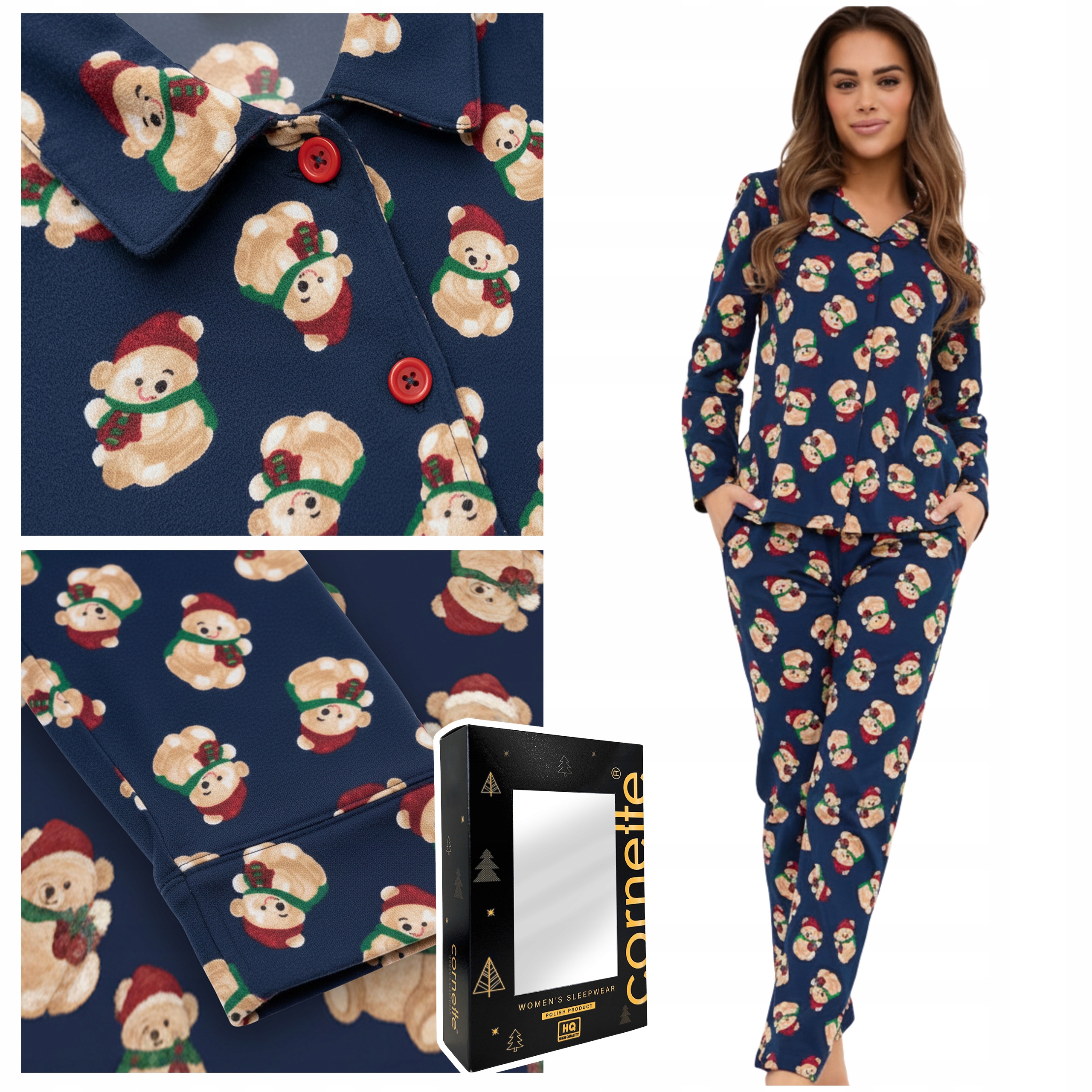 Cornette Dámské pyžamo s dlouhým rukávem, modré, vzor Medvídci, Bavlna, velikost XXL