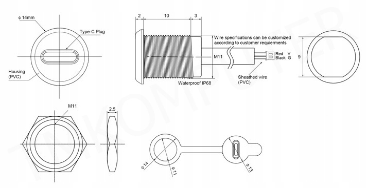 Gniazdo USB C tablicowe panelowe czarne PH2.0 2pin Złącza gniazdo USB typ C