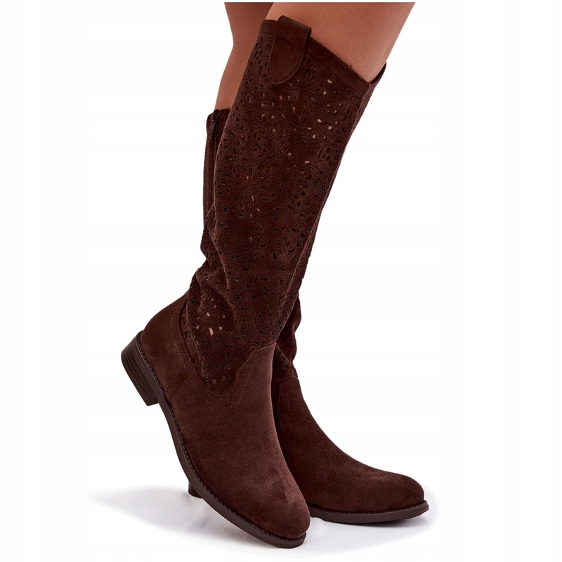 Dámské Ažurové Kozačky S Plochým Podpatkem A Zipem S.barski HY61-8023 Čokoládové 37