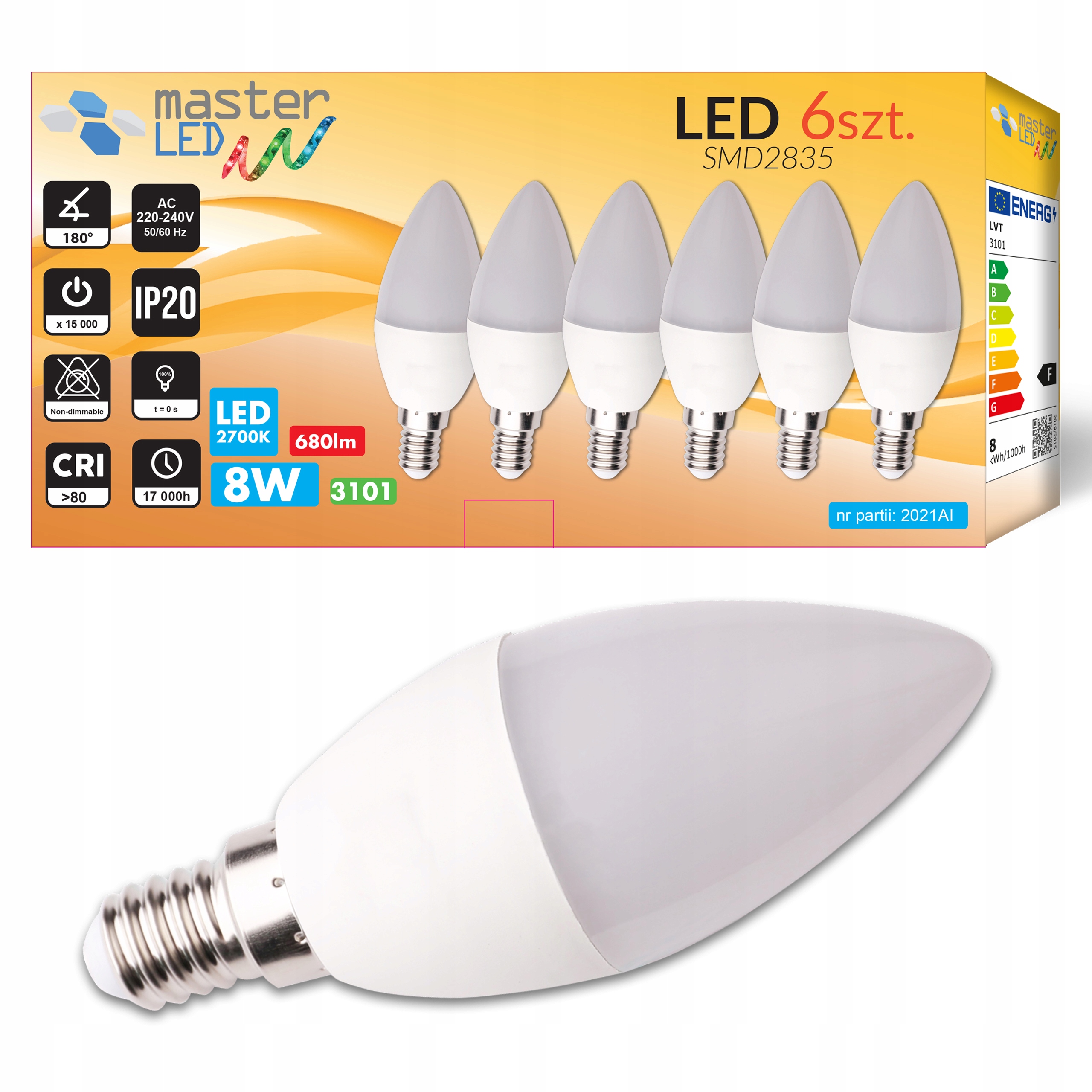 

Zestaw 6x Żarówka Led 8W 230V C37 SMD2835 wielopak