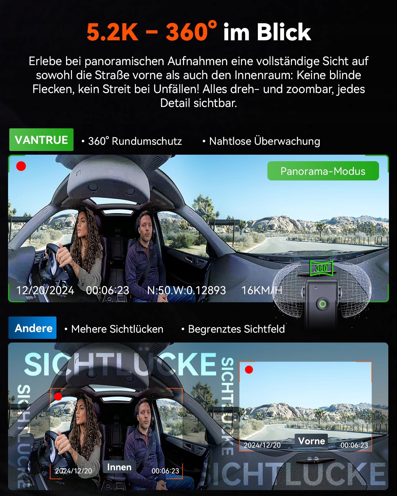 VANTRUE E360 Kamera Samochodowa 5.2K 360° HDR GPS WiFi Parkowanie — miniatura 2