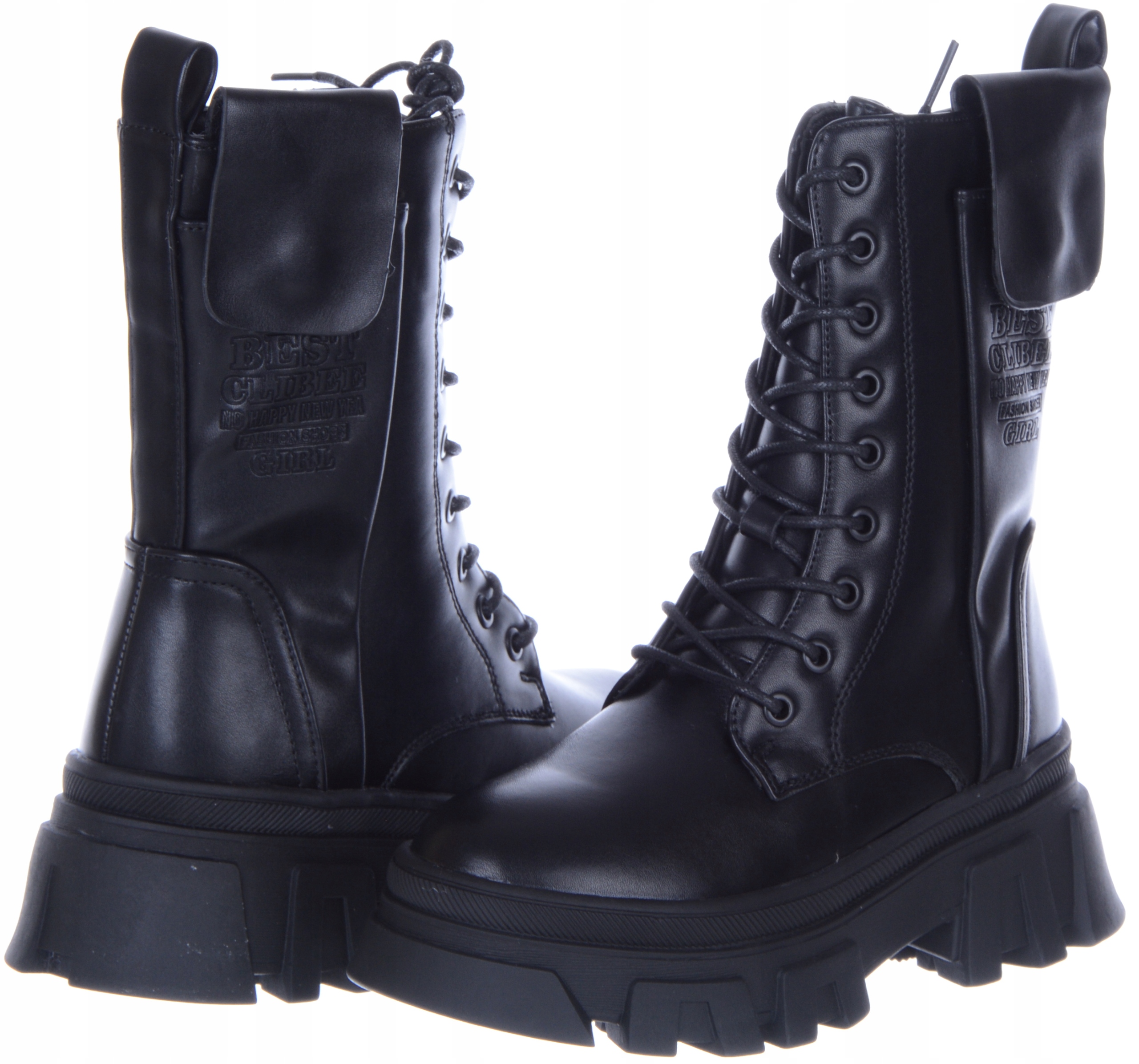 Czarne Ocieplane Wysokie Dziewczęce Botki Glany Kozaczki Wiązane 37