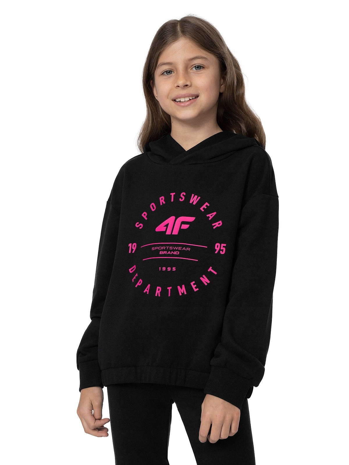 4F Bluza Dziewczęca z Kapturem 4FJSS23TSWSF218-20S Głęboka Czerń 140 cm.