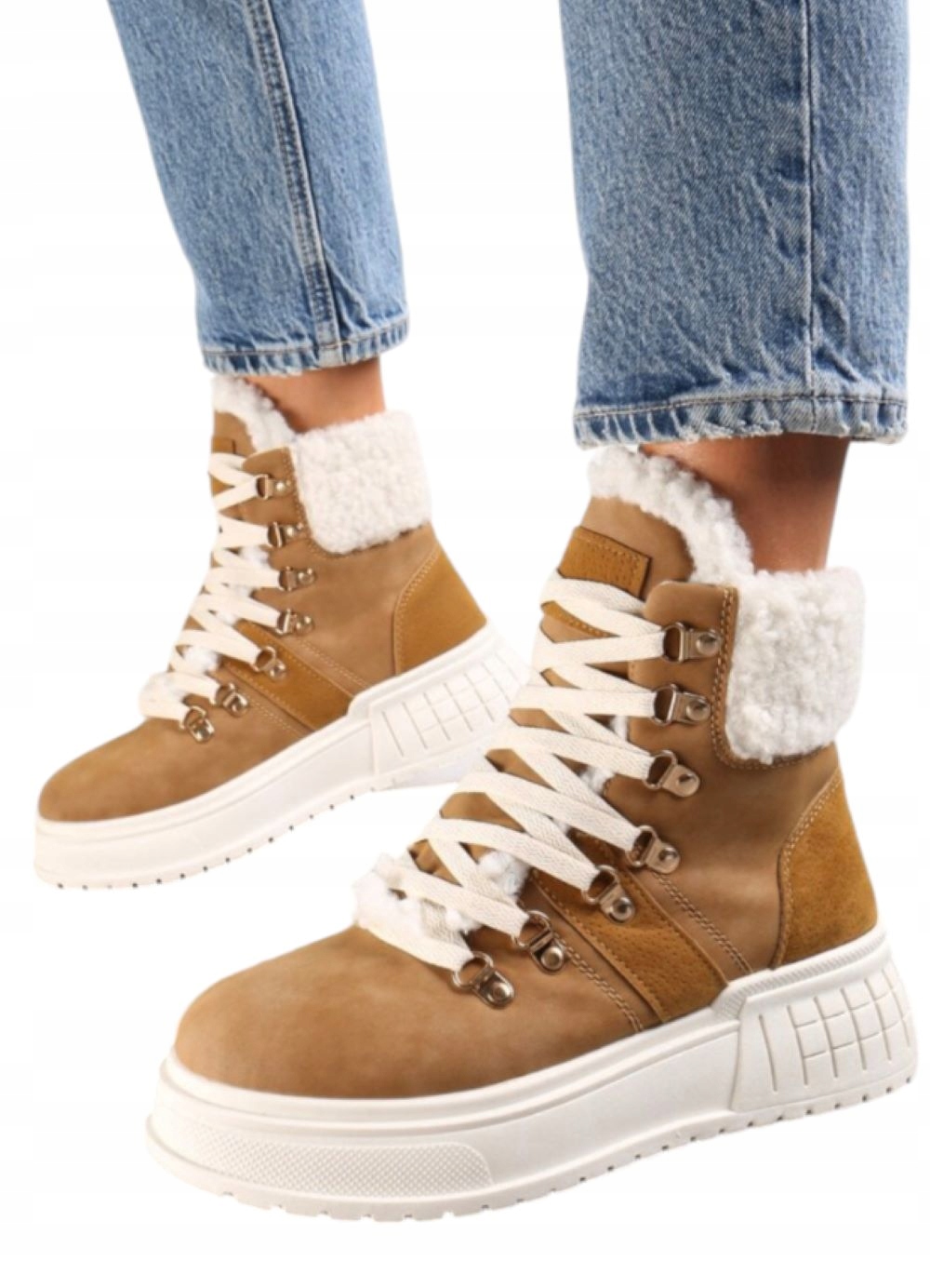 Dámské zateplené Kotníkové Boty na platformě Trapery s kožešinkou Hnědé Camel 38