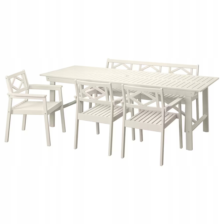 IKEA BONDHOLMEN Stôl a 3 stoličky s podlahami.+ záhradná lavica biela/béžová