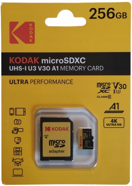 Szybka karta pamięci Kodak 256GB microSD Sdxc Uhs-i U3 V30 A1 4K Adapter