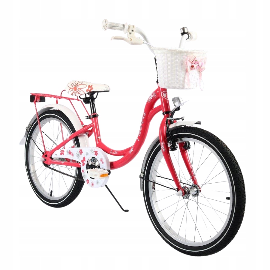 Rower dla dziewczynki 20" Flowers koralowy bagażnik koszyk stopka polski