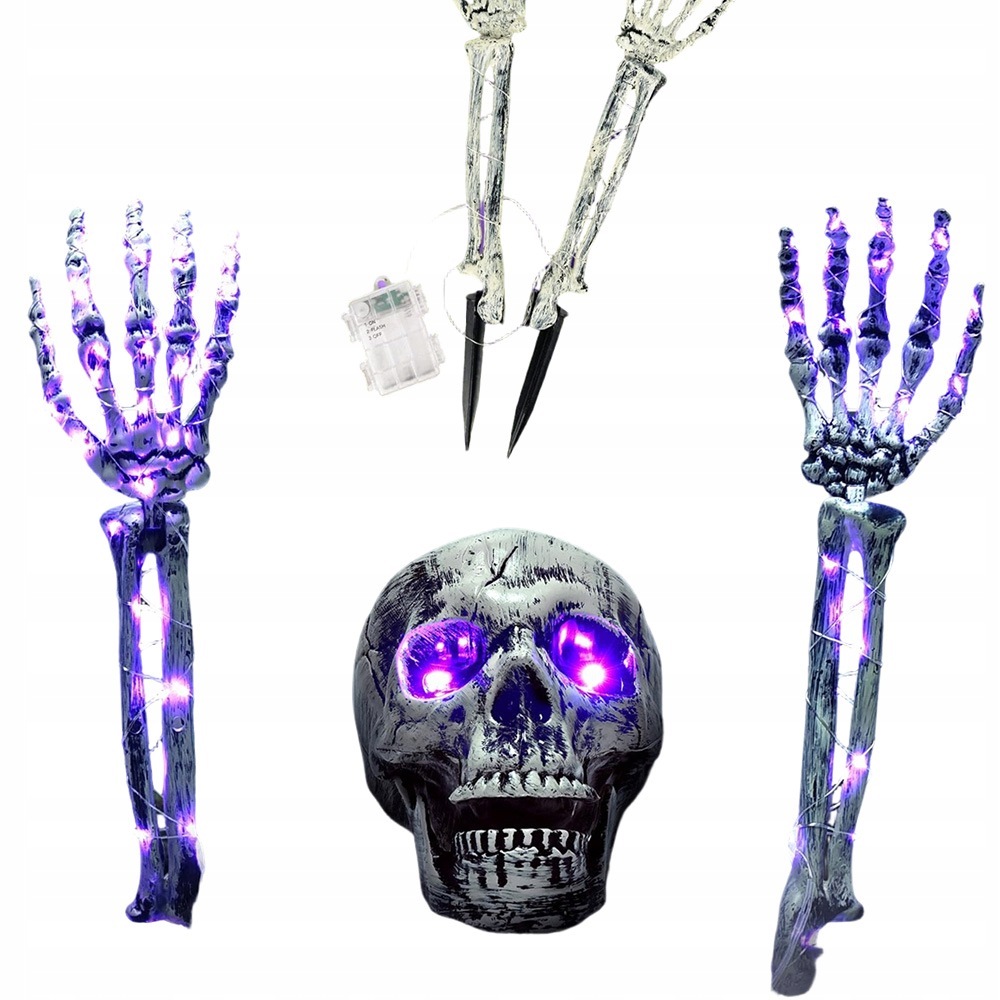 Halloween Dekorace Ruce Kostlivce 2 Ruce A Lebka Fialová Světla