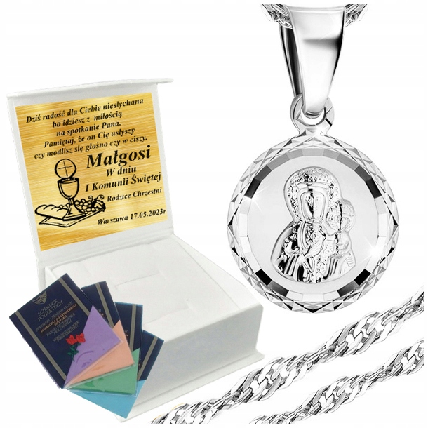 Łańcuszek Srebrny Medalik Naszyjnik 925 Na Komunię Chrzest UPOMINEK GRATIS