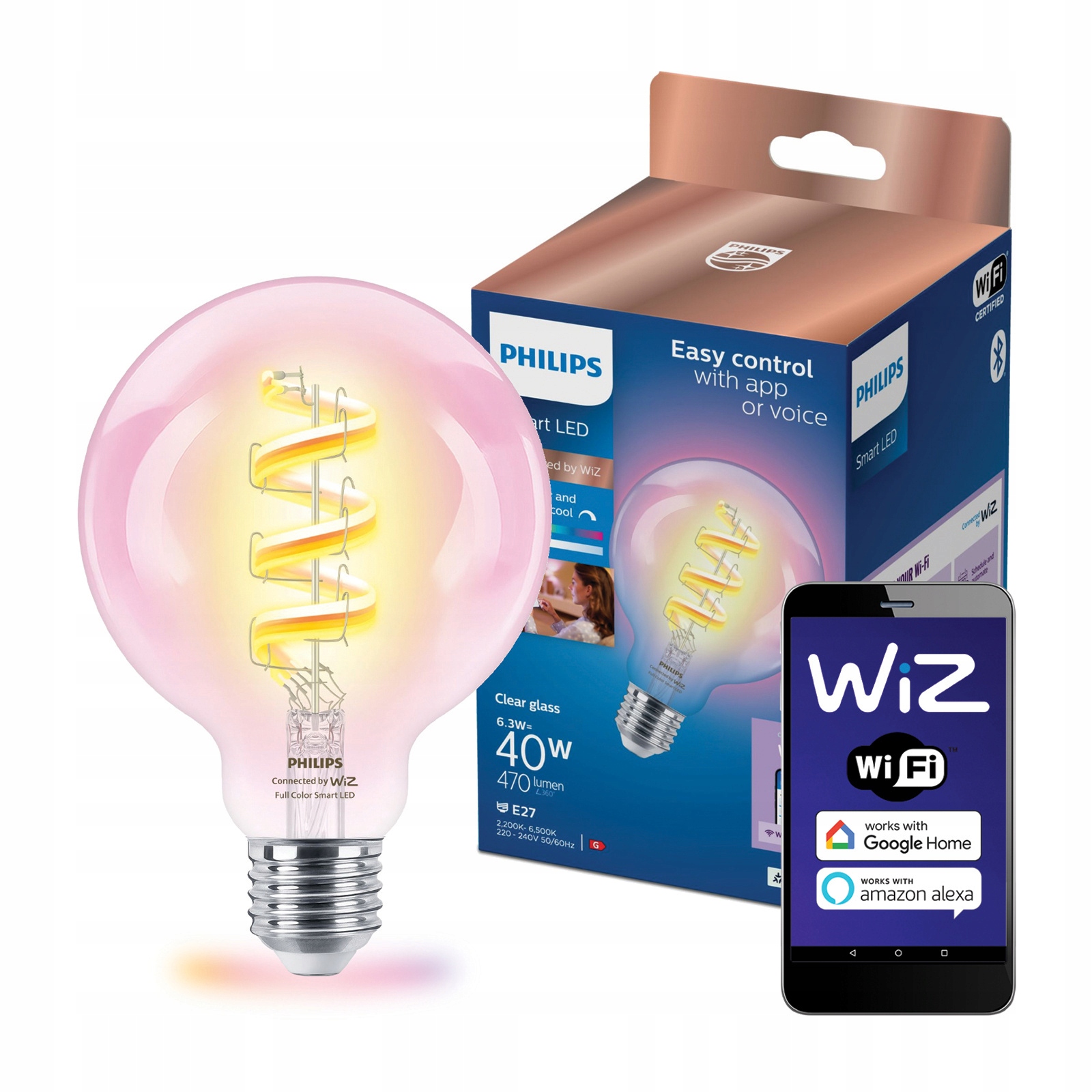 Led žárovka E27 G95 6,3W 40W Cct Tw Rgb Filament Smart WiFi Philips WiZ
