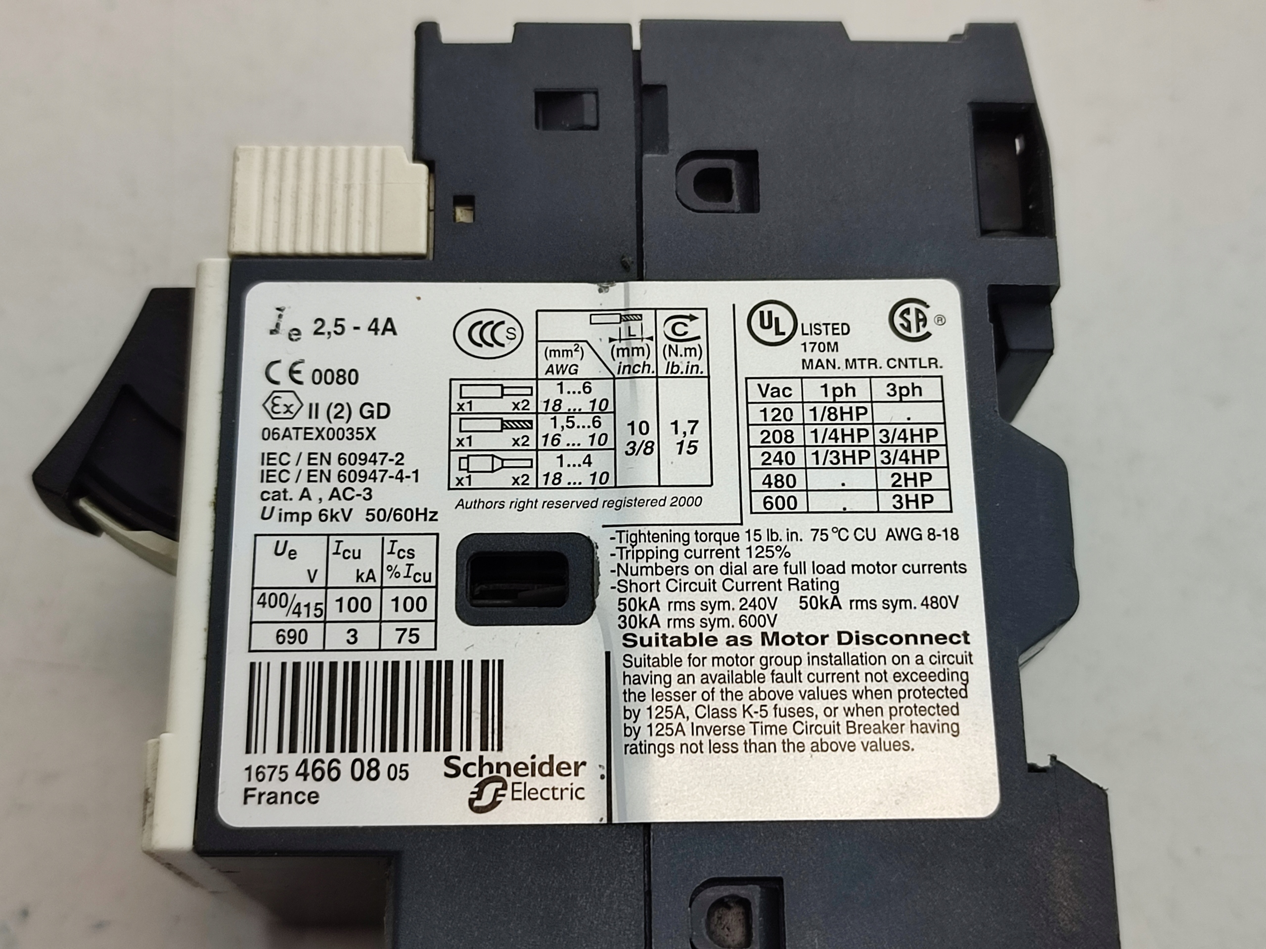 TELEMECANIQUE GV2ME08/2.5-4A EAN (GTIN) 3389110343090