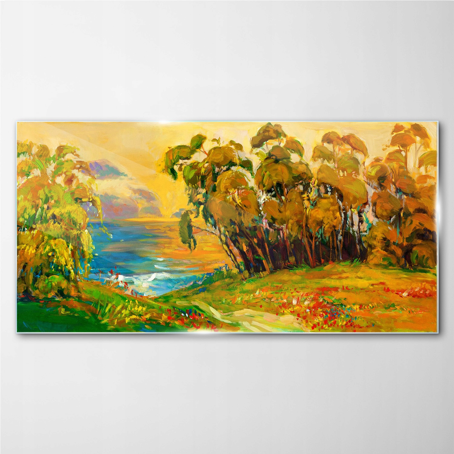 

Obraz szklany Łąka las woda zachód słońca 140x70