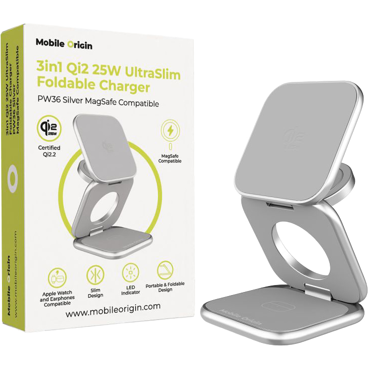 Indukční nabíječka 3v1 Qi2 25W Mobile Origin hliníková, výkonná, malá