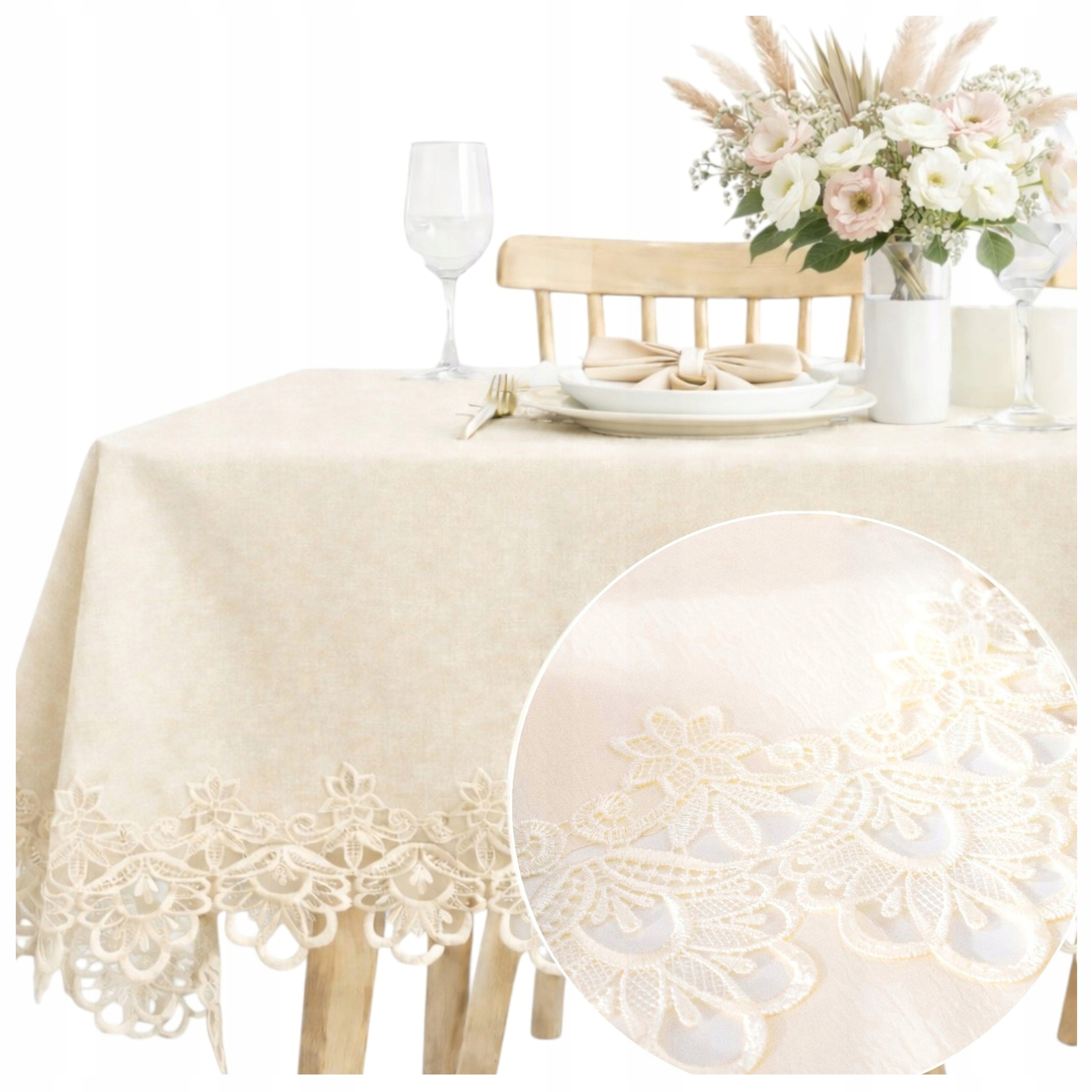 Ubrus Ecru krémový s gipiurou 150x220, krajka odolná vůči skvrnám, elegantní na stůl