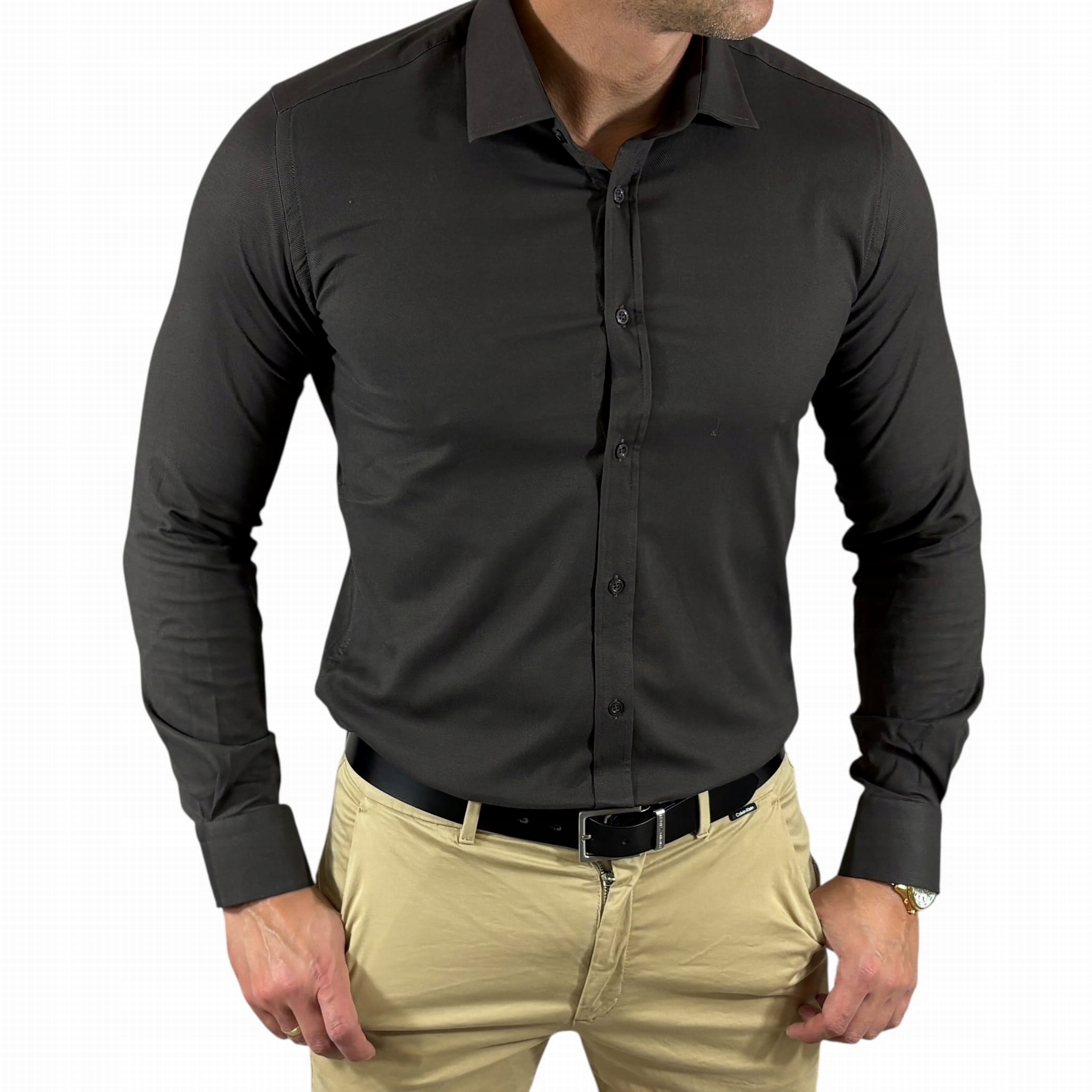 Neformální slim fit košile klasická oxfordová struktura grafitová/čokoládová