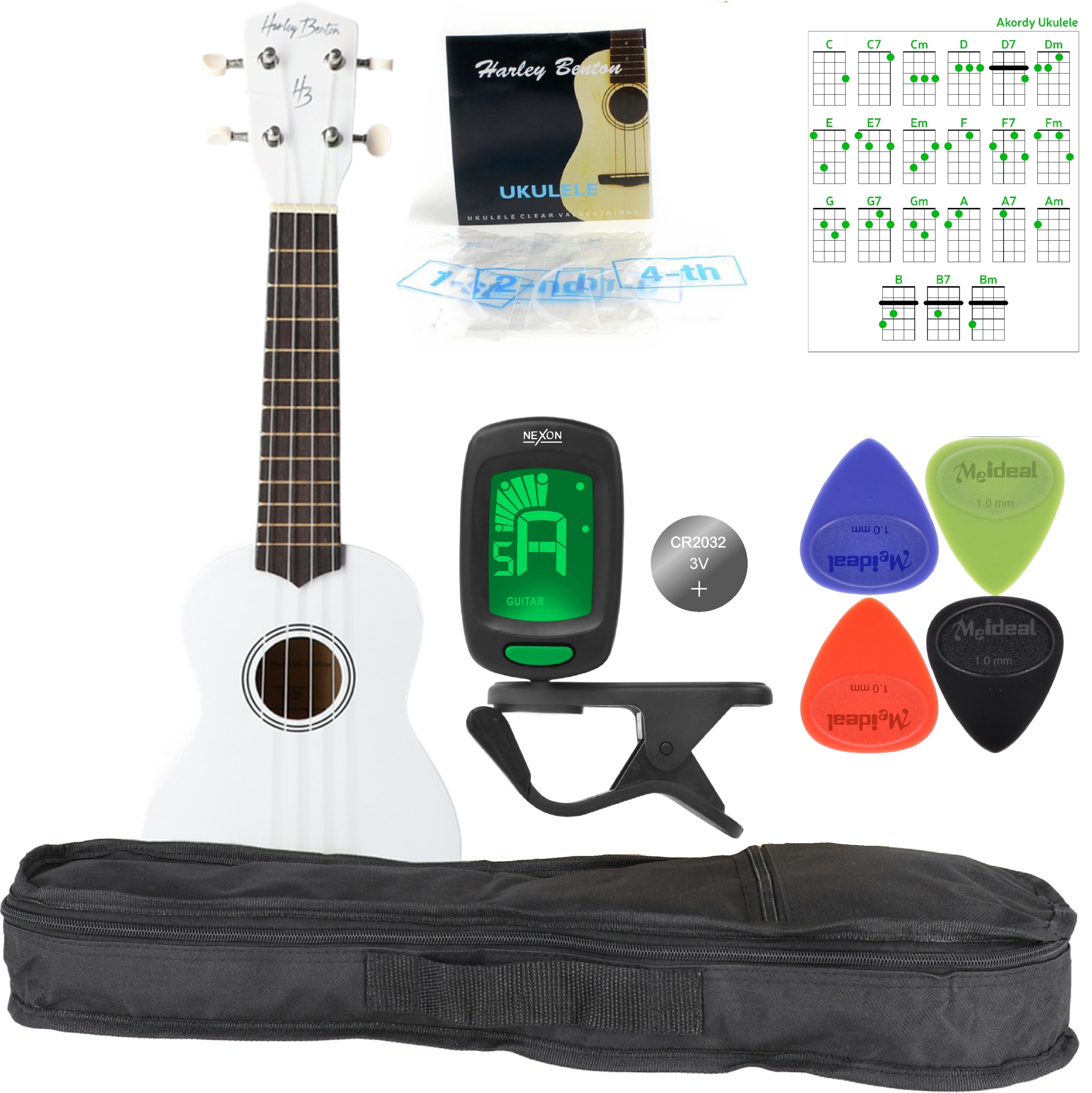 Sopránové ukulele Bílé Pouzdro Struny Kostky Plátek Akordy Set