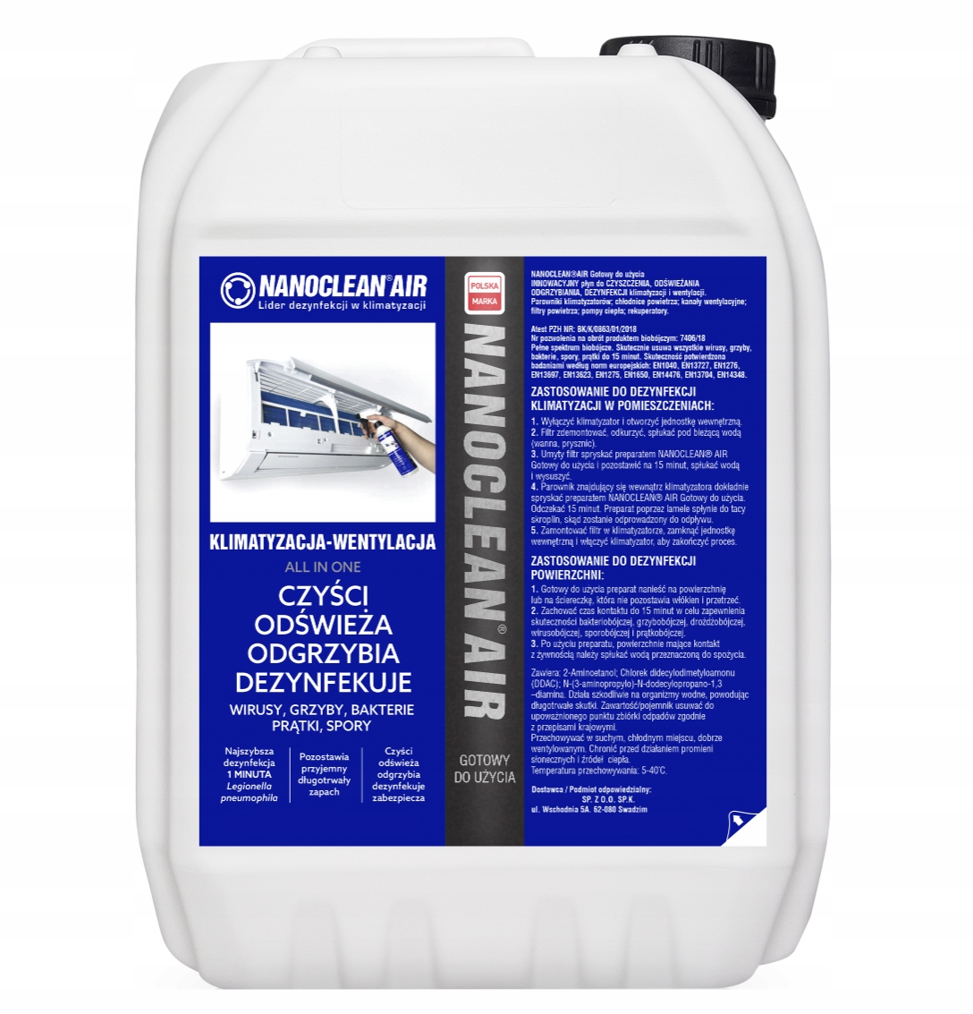 Preparat do odgrzybiania dezynfekcji klimatyzacji NANOCLEAN bezwonny 20L