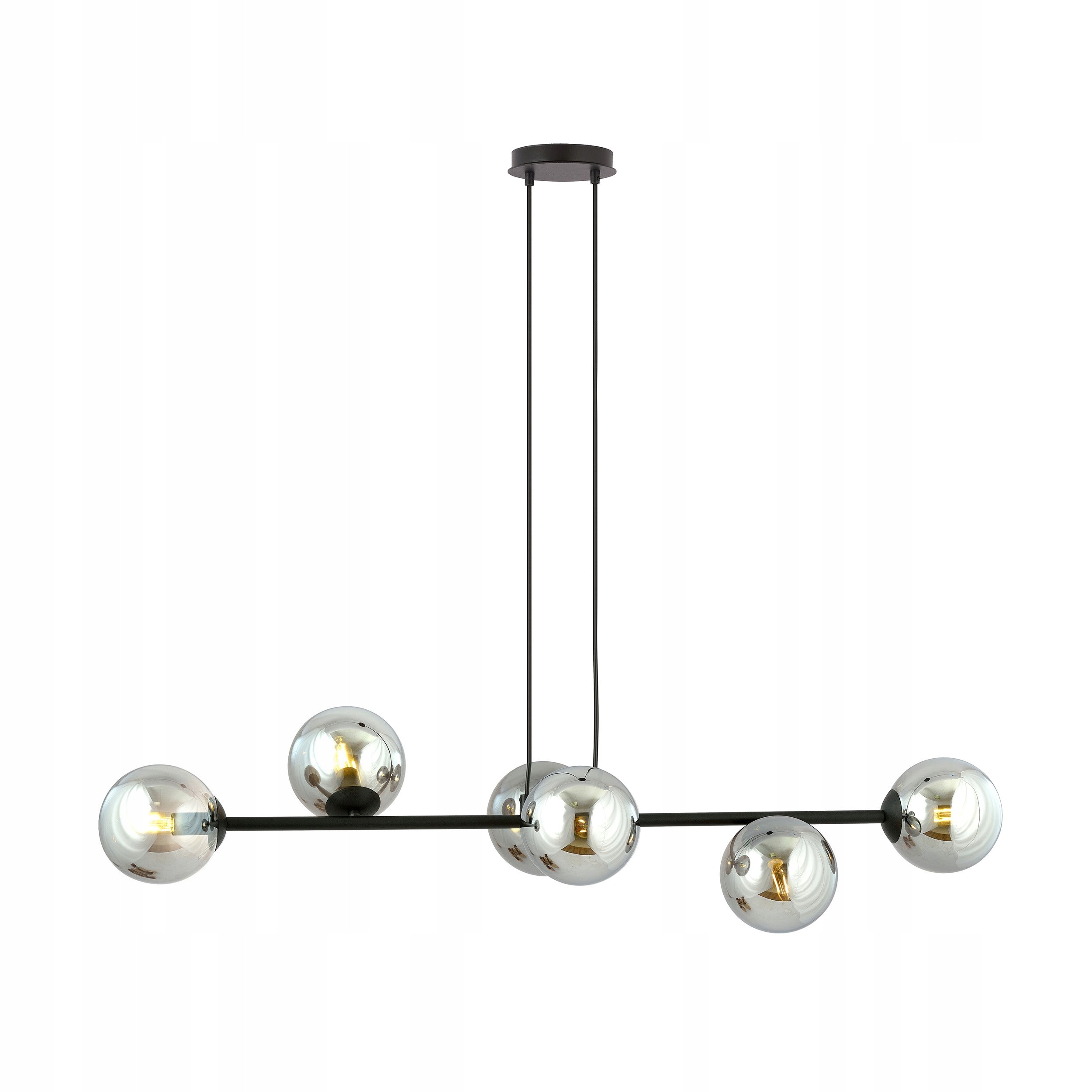 Stropná lampa s dvojitým previsom vo forme satelitu Rossi 6 Bl, jedáleň