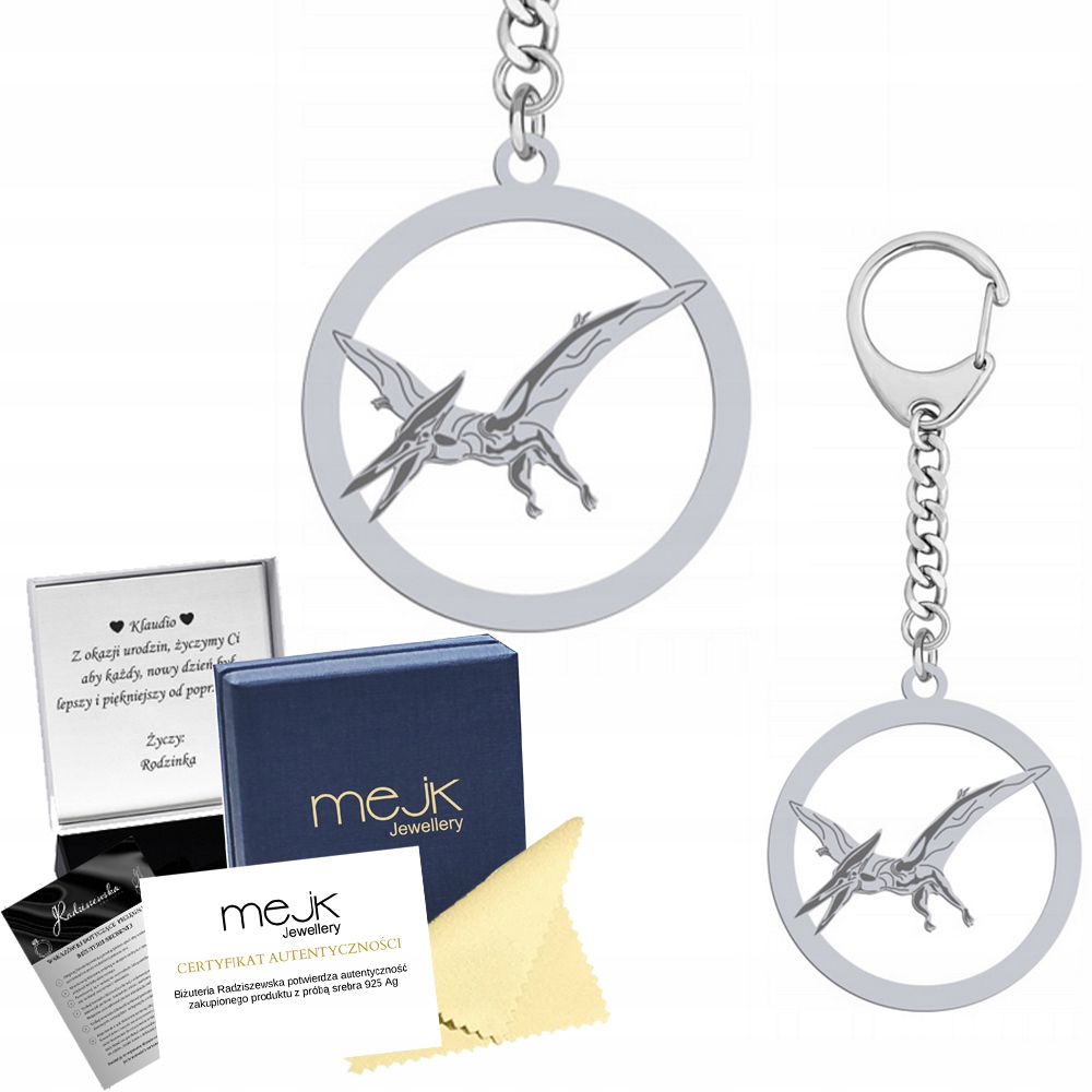 Přívěsek Na Klíče na klíče Pterodactyl 925 Stříbrný Šperky Dárek Gravírování Bonus