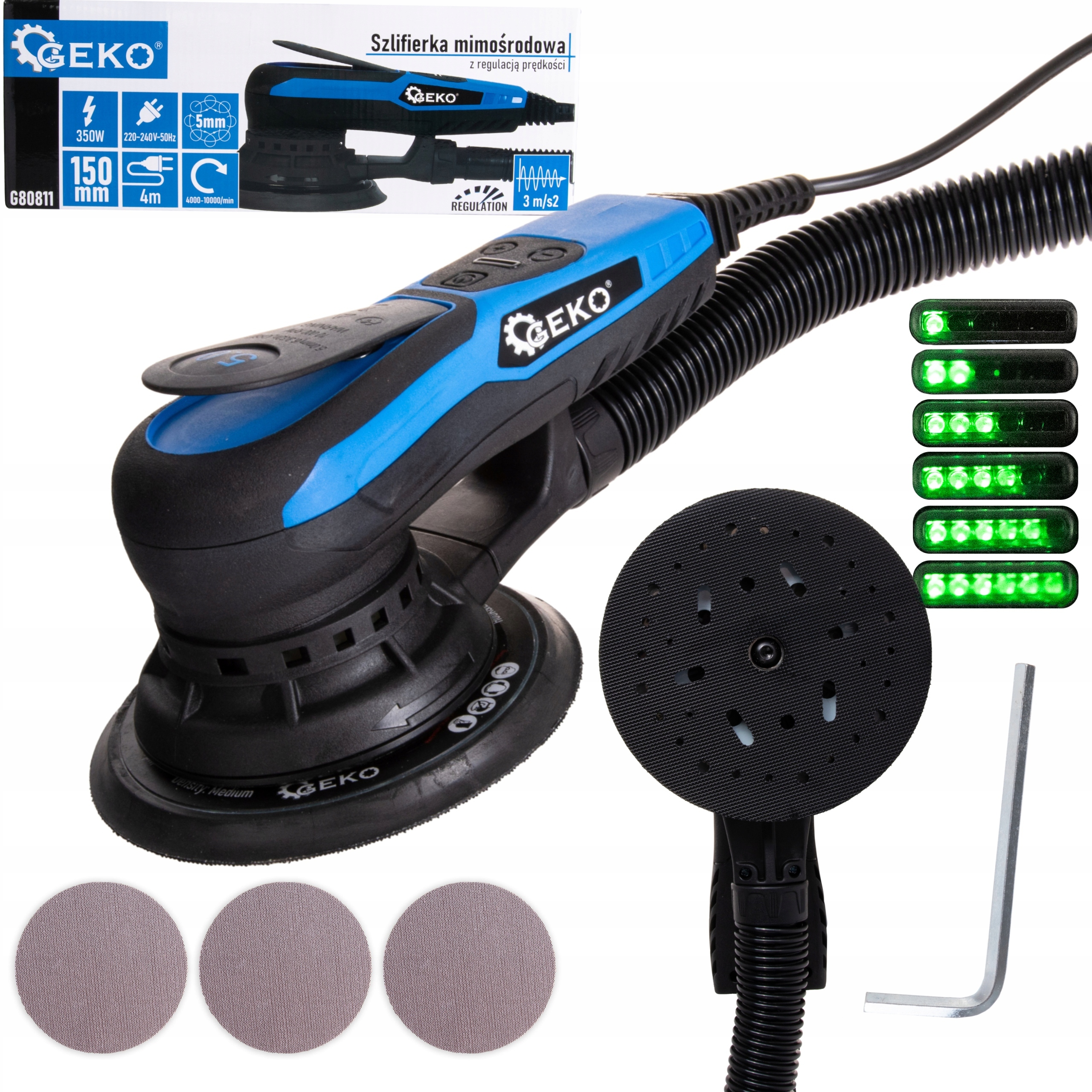 GEKO SZLIFIERKA MIMOŚRODOWA BEZSZCZOTKOWA 150mm 350W regulacja G80811