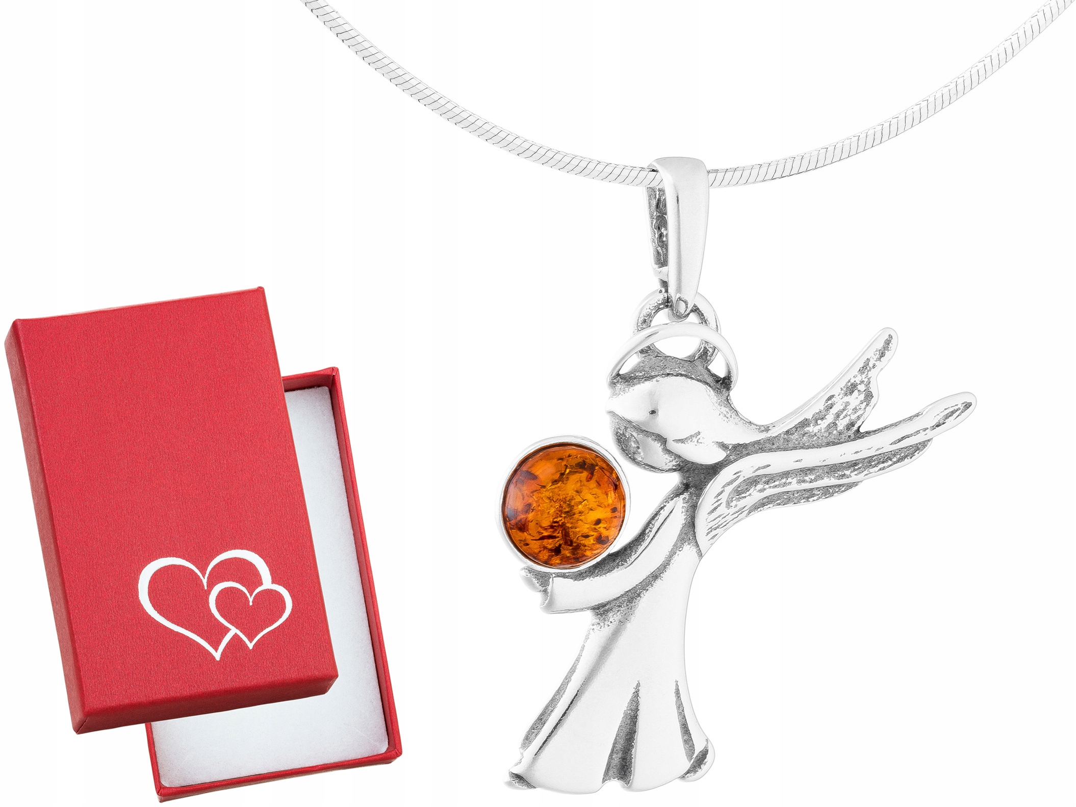 Krátký stříbrný dámský náhrdelník Anděl s jantarem Anděl strážný Stříbro 45