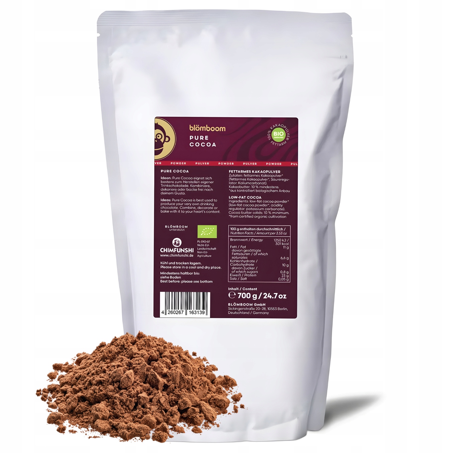 Levně Organické kakao Blömboom Pure Cocoa 700 g – čisté bio kakao v prášku