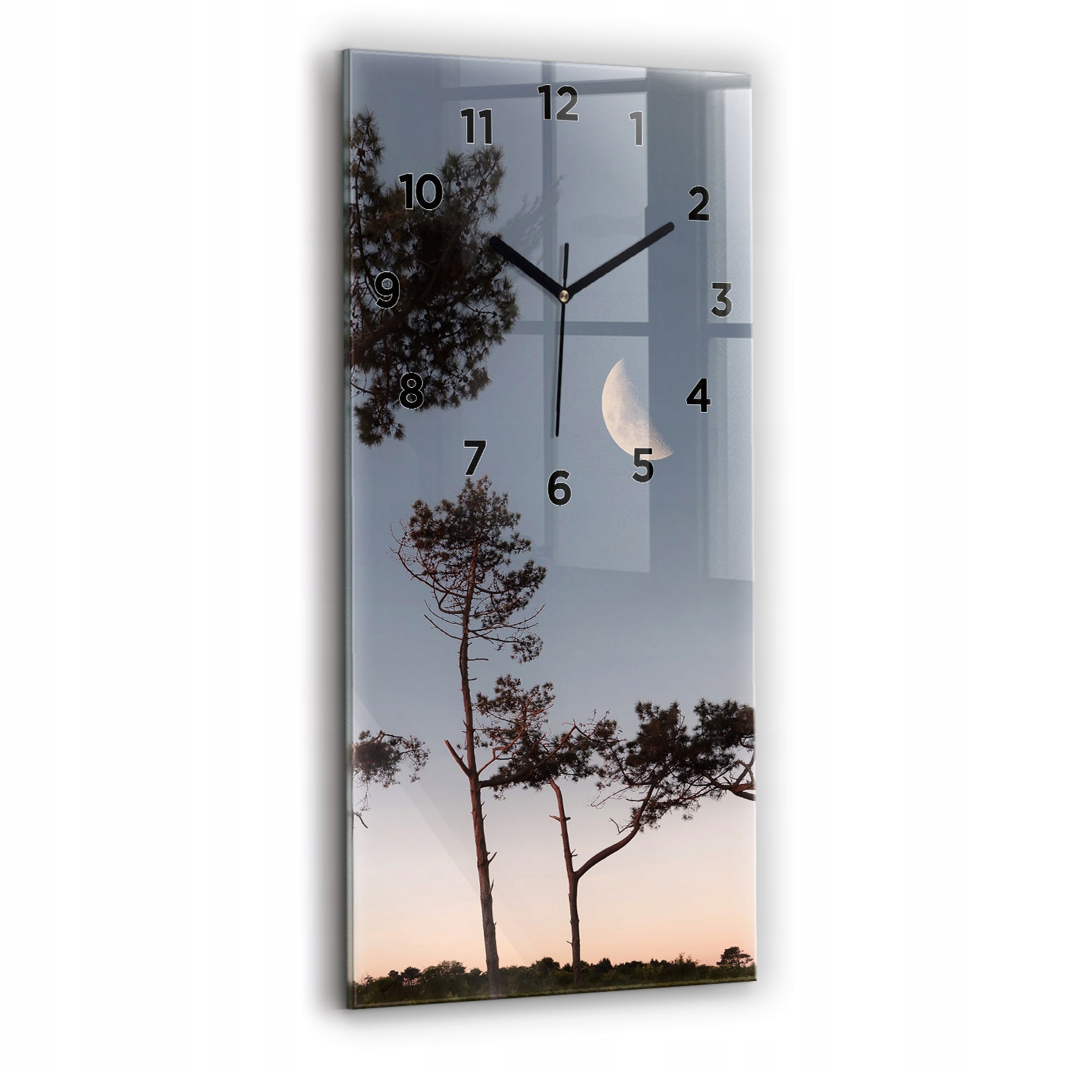 Dekorativní skleněné hodiny na zeď s grafikou půlměsíc a stromy 30x60 cm