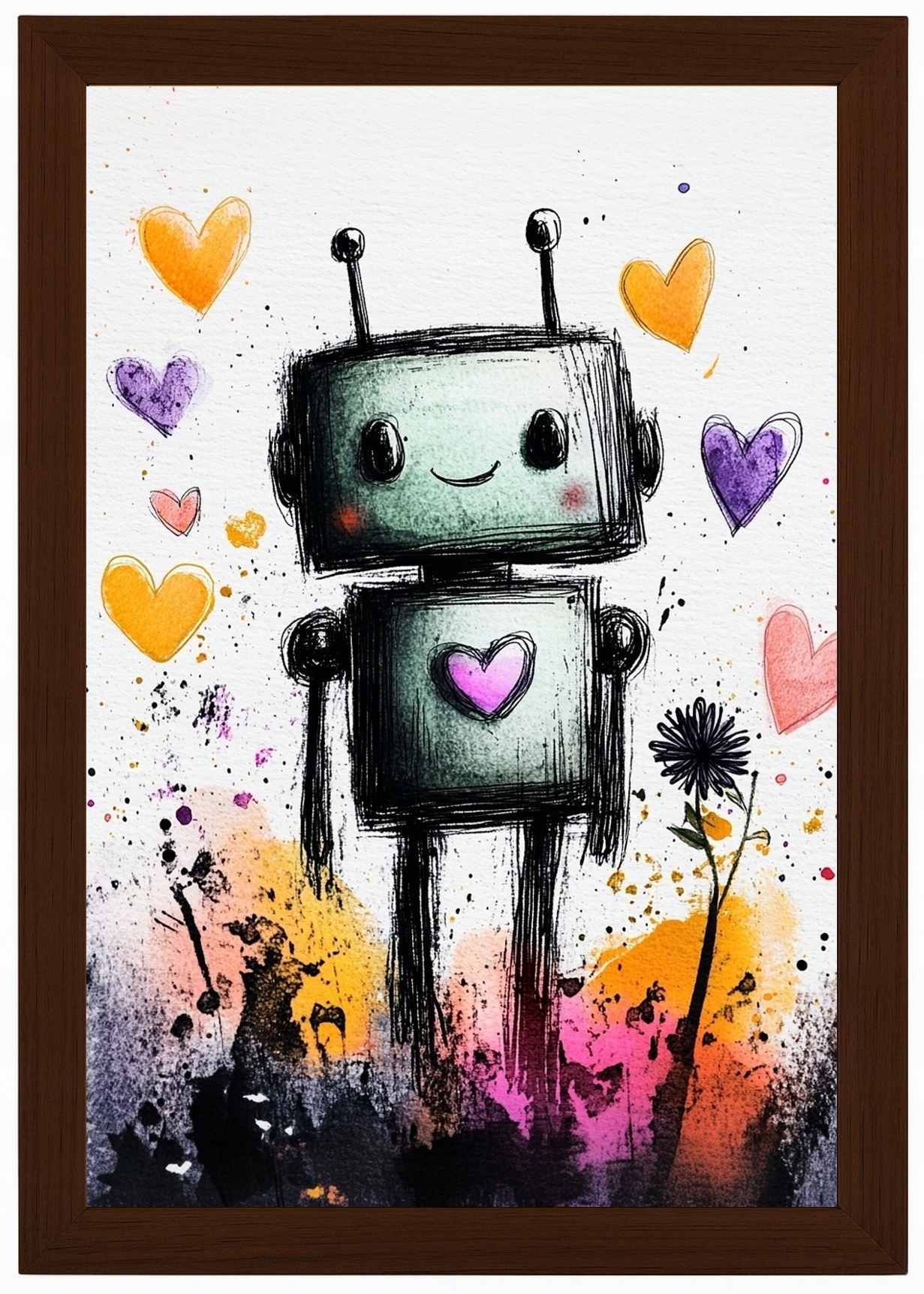 Rámeček Plakát , Dřevěná Grafika, Portrét, Robot, Android, Srdce, 40x60