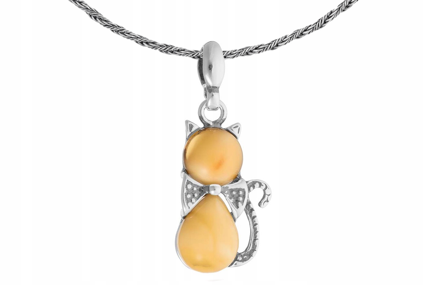 Dlouhý stříbrný dámský náhrdelník Kočka s mléčným jantarem Kočička Stříbro 70 cm