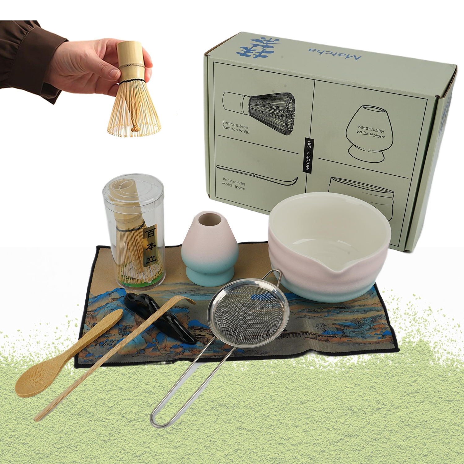 Levně Autentická Sada Pro Matcha Obřad: Miska, Šlehací Metla, Lžička, Sítko