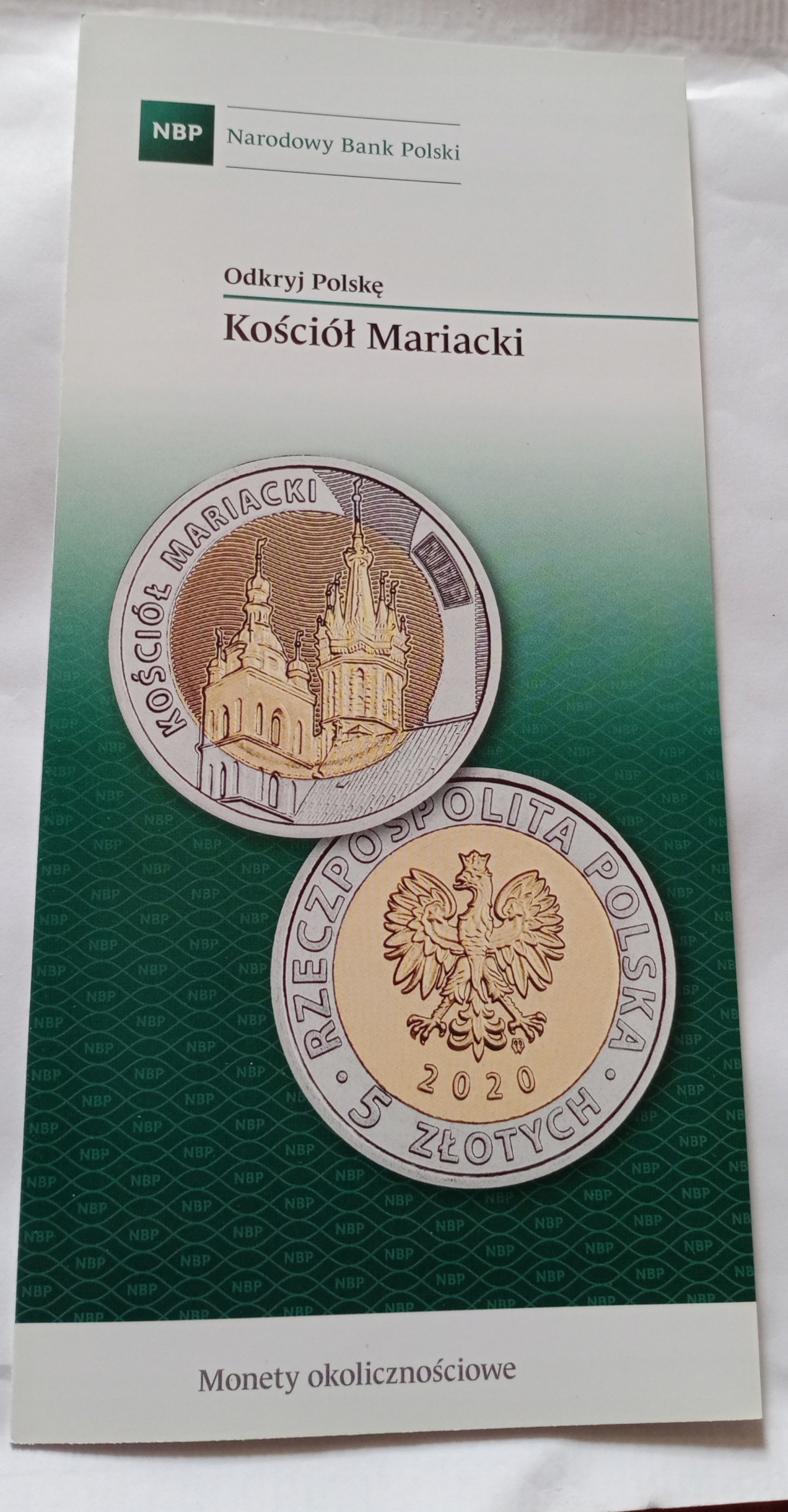 FOLDER -2020- MONETA 5 ZŁOTYCH- KOŚCIÓŁ MARIACKI- ODKRYJ POLSKĘ