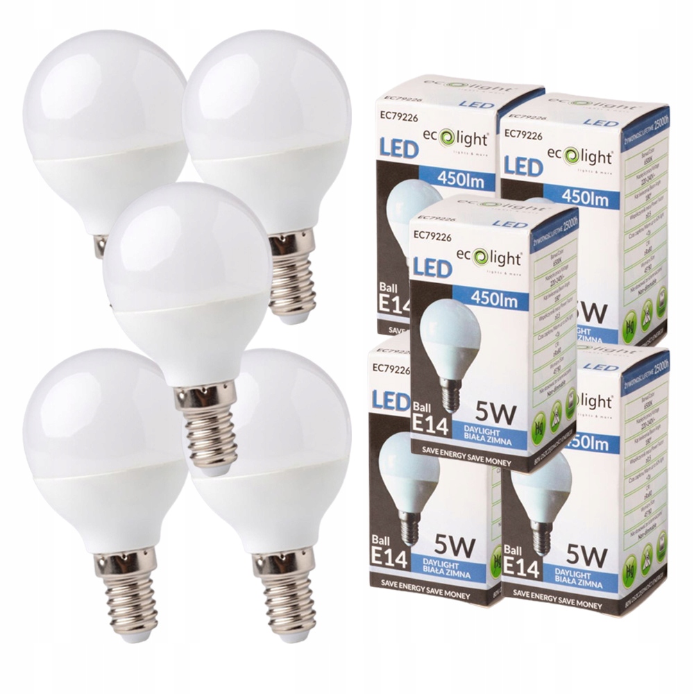 

5x Żarówka Led G45 Golf Ball E14 5W Cw Ecolight
