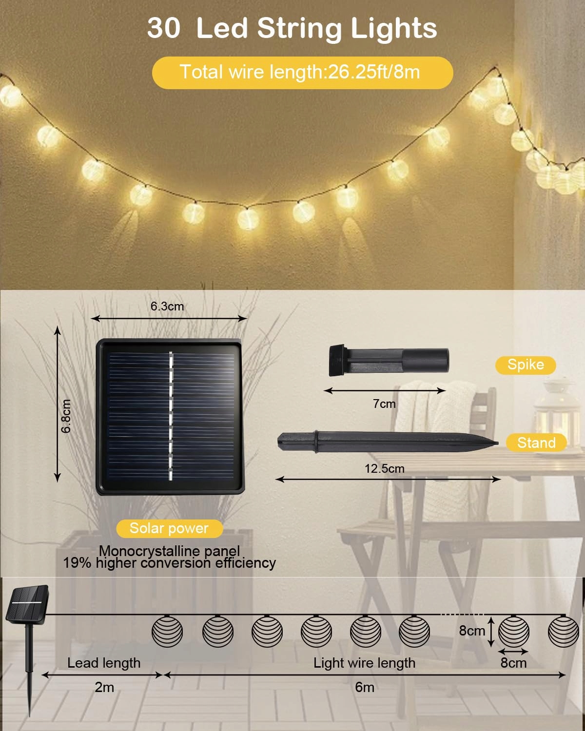 AFAIUP Lampiony Solarne Zewnętrzne 8M 30 LED Ogród Balkon — miniatura 2