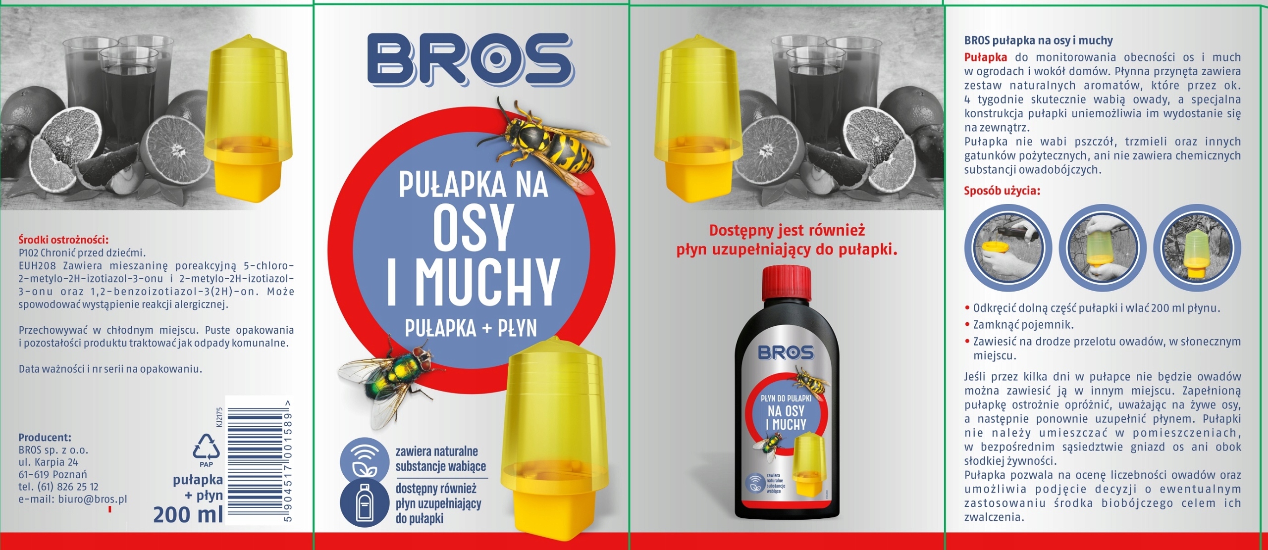 Pułapka Na Muchy i Osy + Płyn BROS Substancje Wabiące + 200ml ZAPAS Płynu Rodzaj pułapka