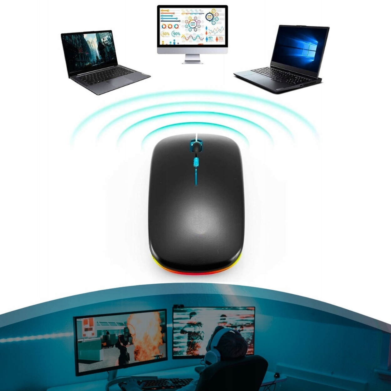 LEKKA CICHA MYSZKA BEZPRZEWODOWA LED RGB MYSZ DO LAPTOPA KOMPUTERA BIURA Informacje o bezpieczeństwie CE WEEE